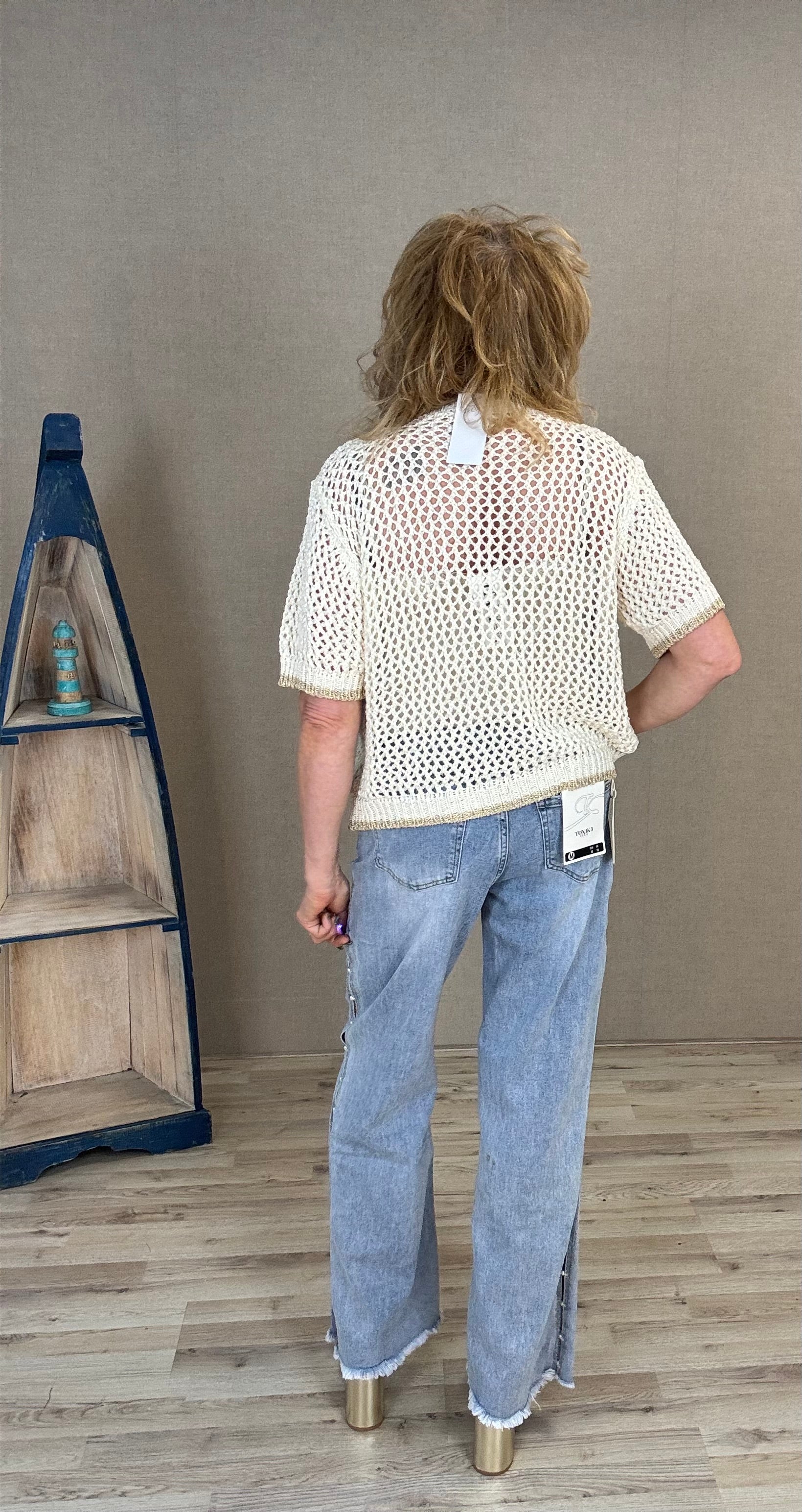 Beige gehaakt shirt met gouden bies van Gemma Ricceri