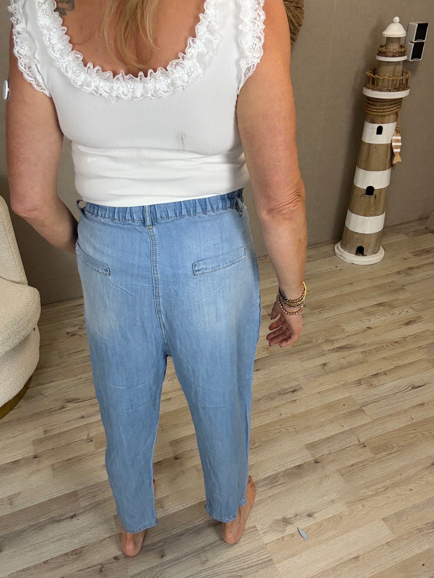 S.Woman Tencel Broek Lichtblauw Muntjes/shelpjes - Nancfashion