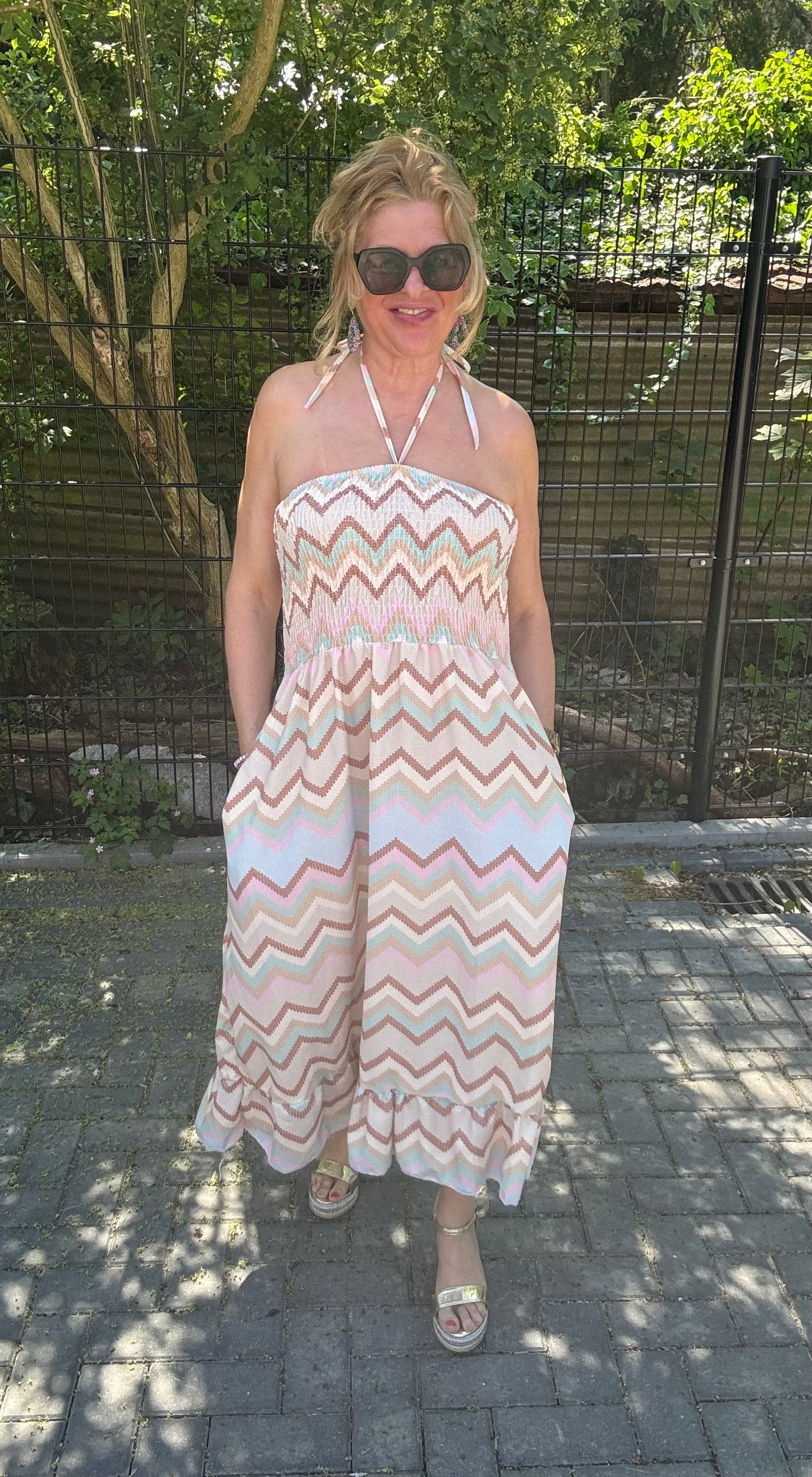 Strapless Jurk Zigzag Beige