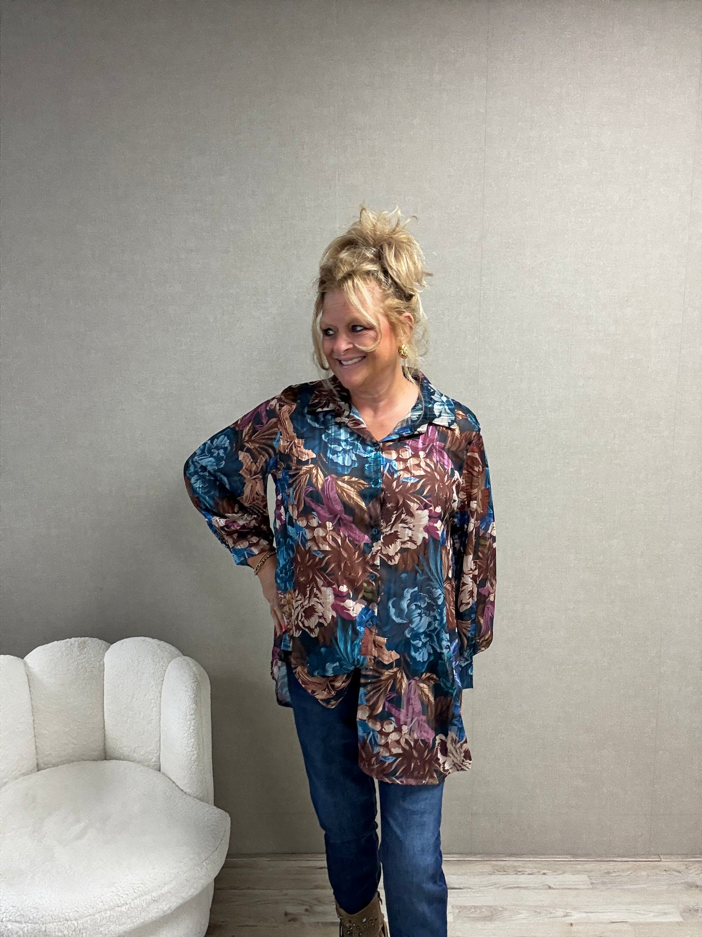 Print Blouse met Lurex Draadje Blauw