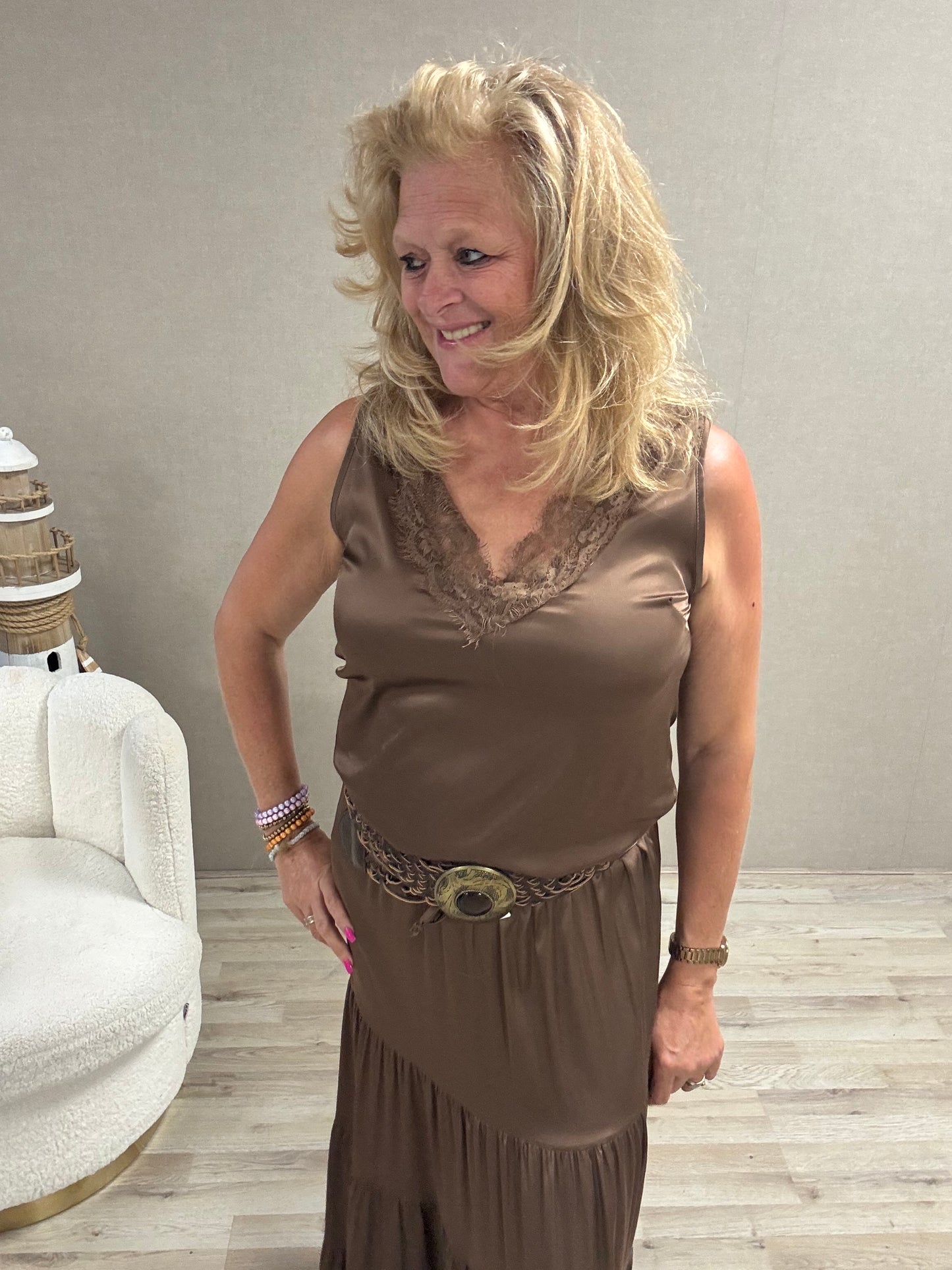 Glans shirt v-hals Vera-jo choco