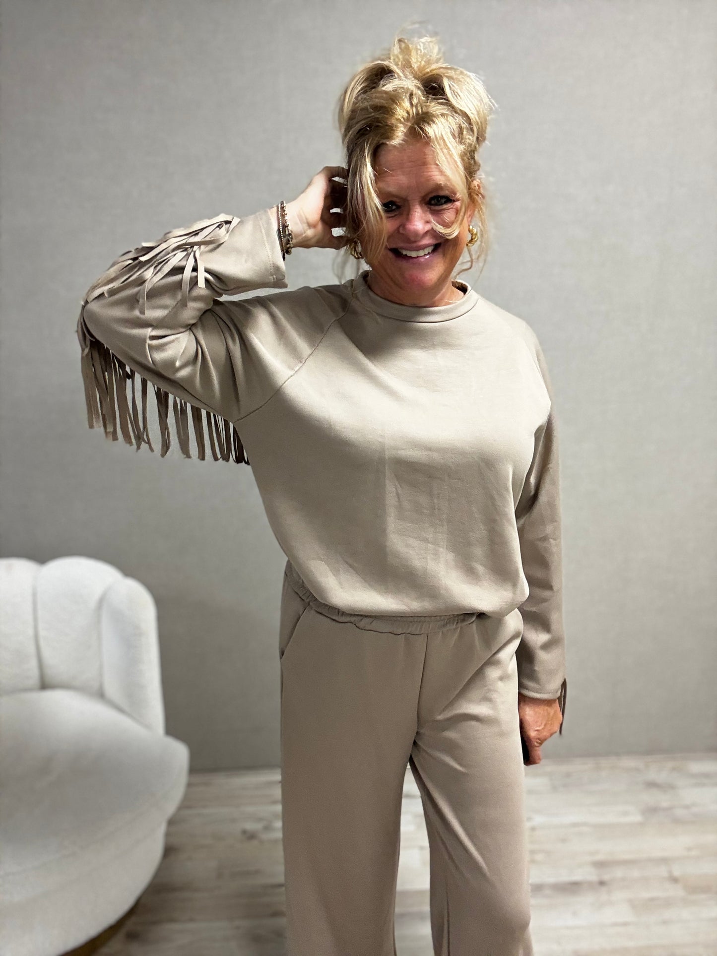 Tweedelig Comfy Pak met Franjes Beige/Taupe