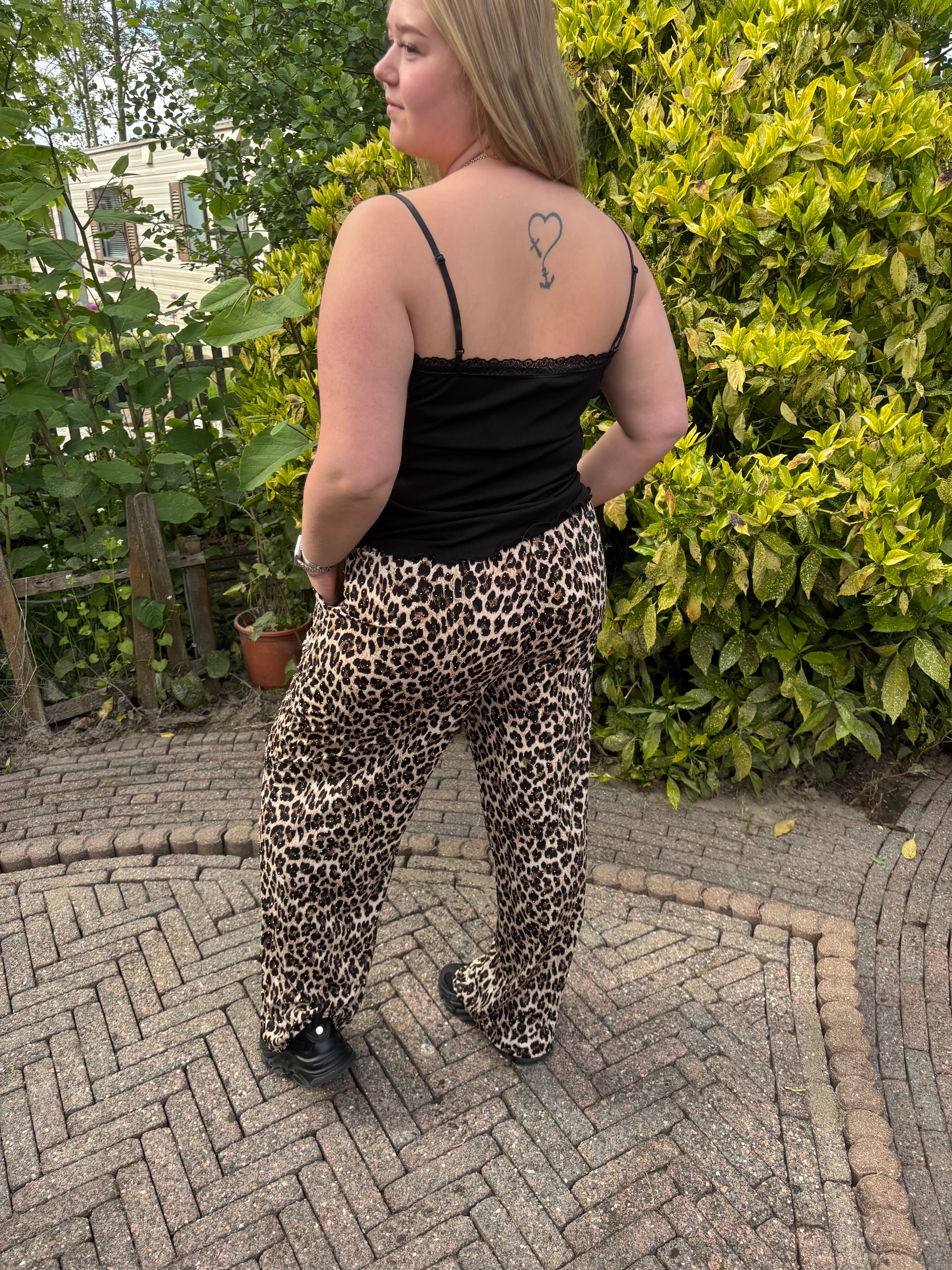 Wide Leg Leopard Broek met strass