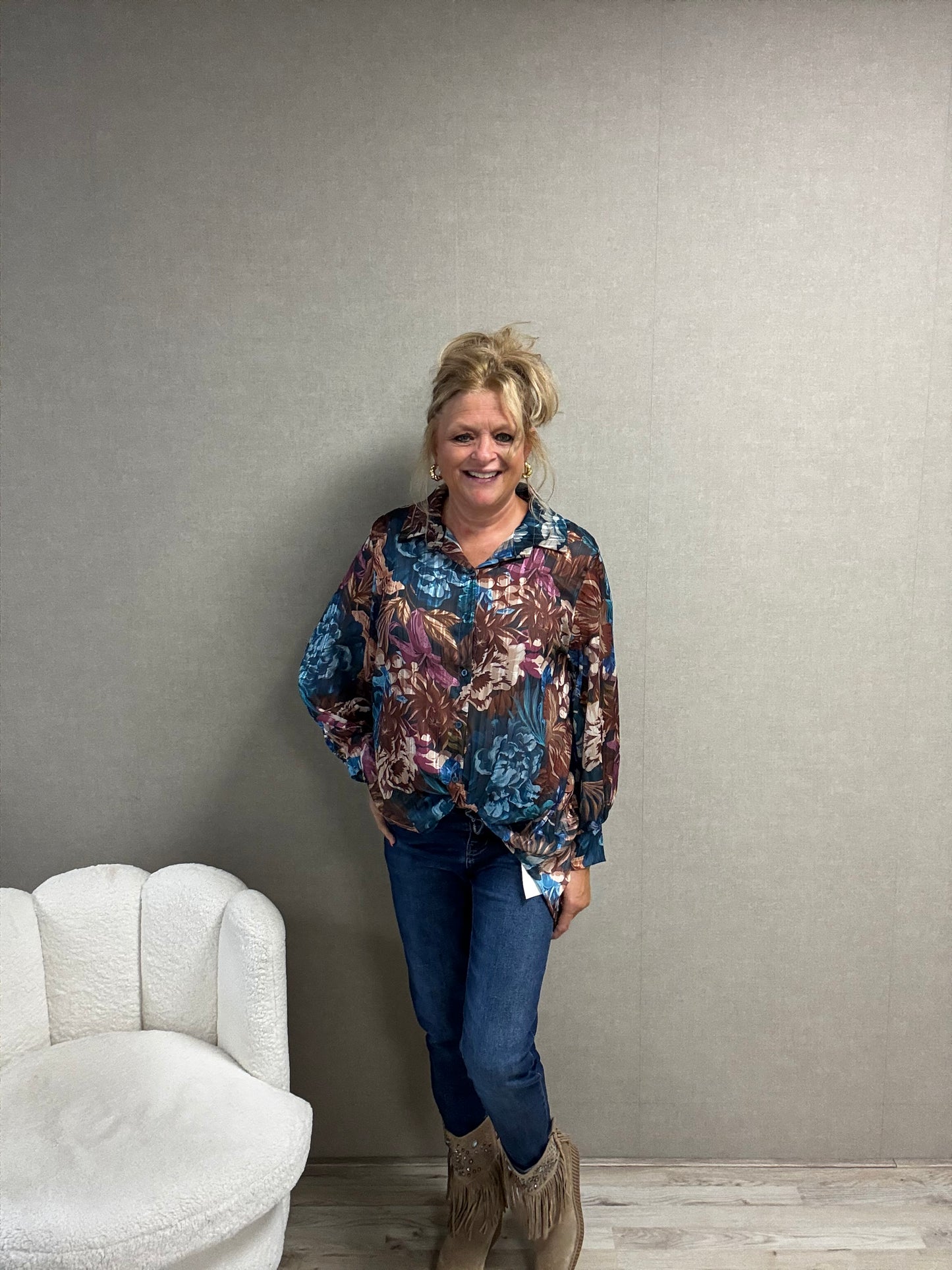 Print Blouse met Lurex Draadje Blauw