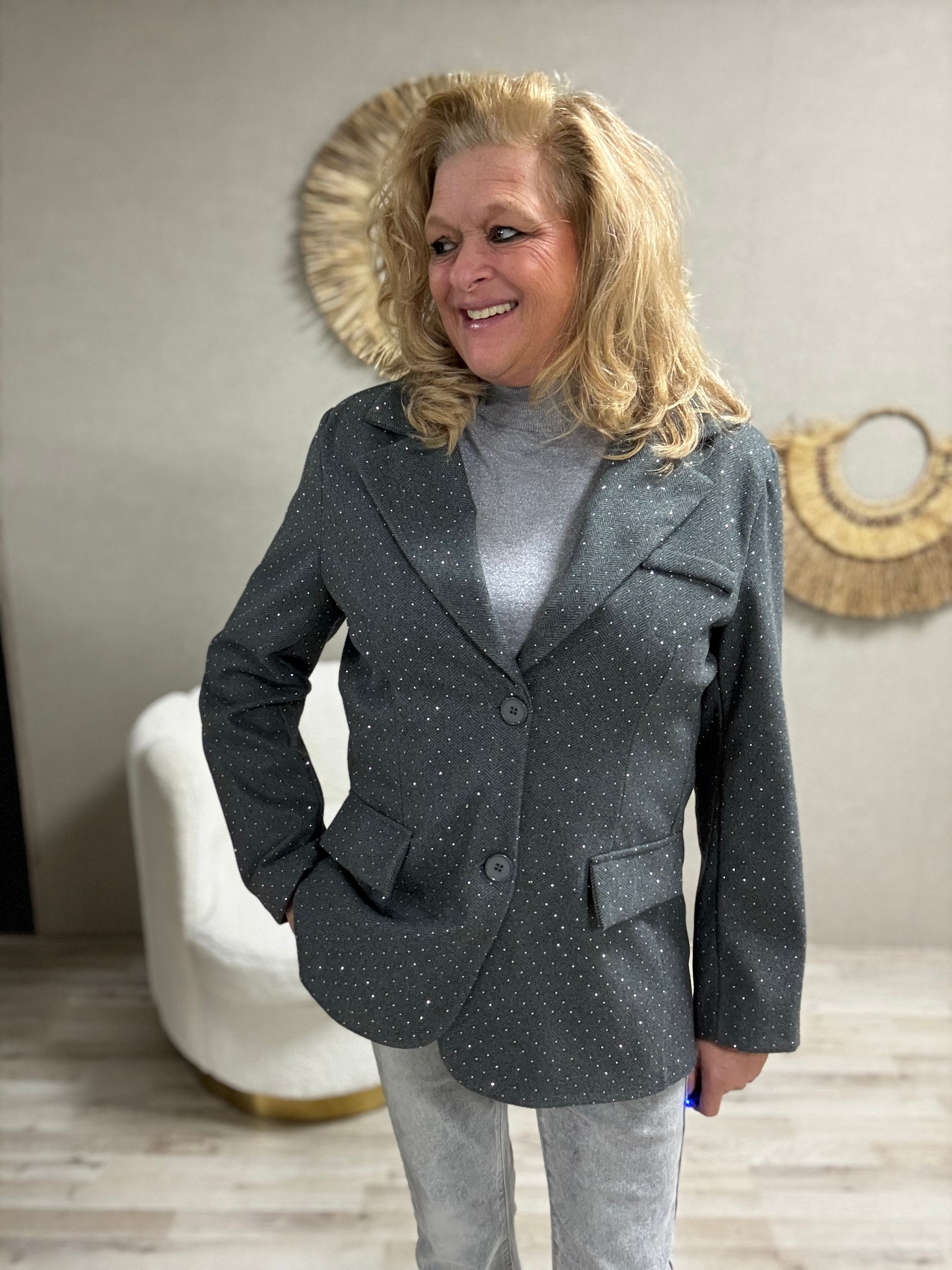 Blazer visgraat met strass grijs