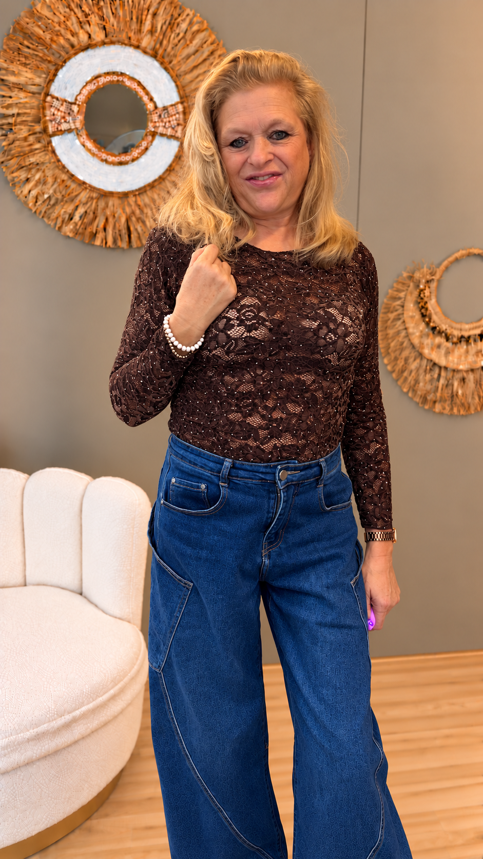 Kanten top Lacey met strass Bruin