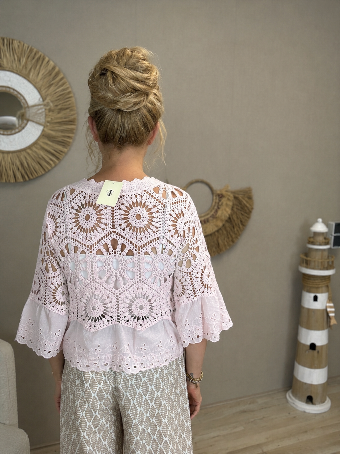 Gehaakt Vestje met Broderie Details Roze