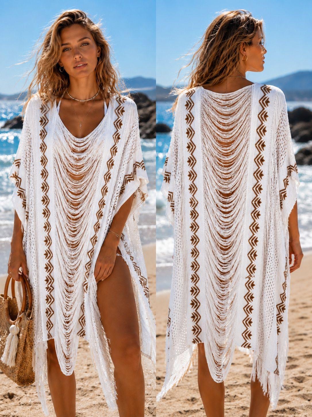 Boho Strand Kimono – Wit Katoen met Fringe Details