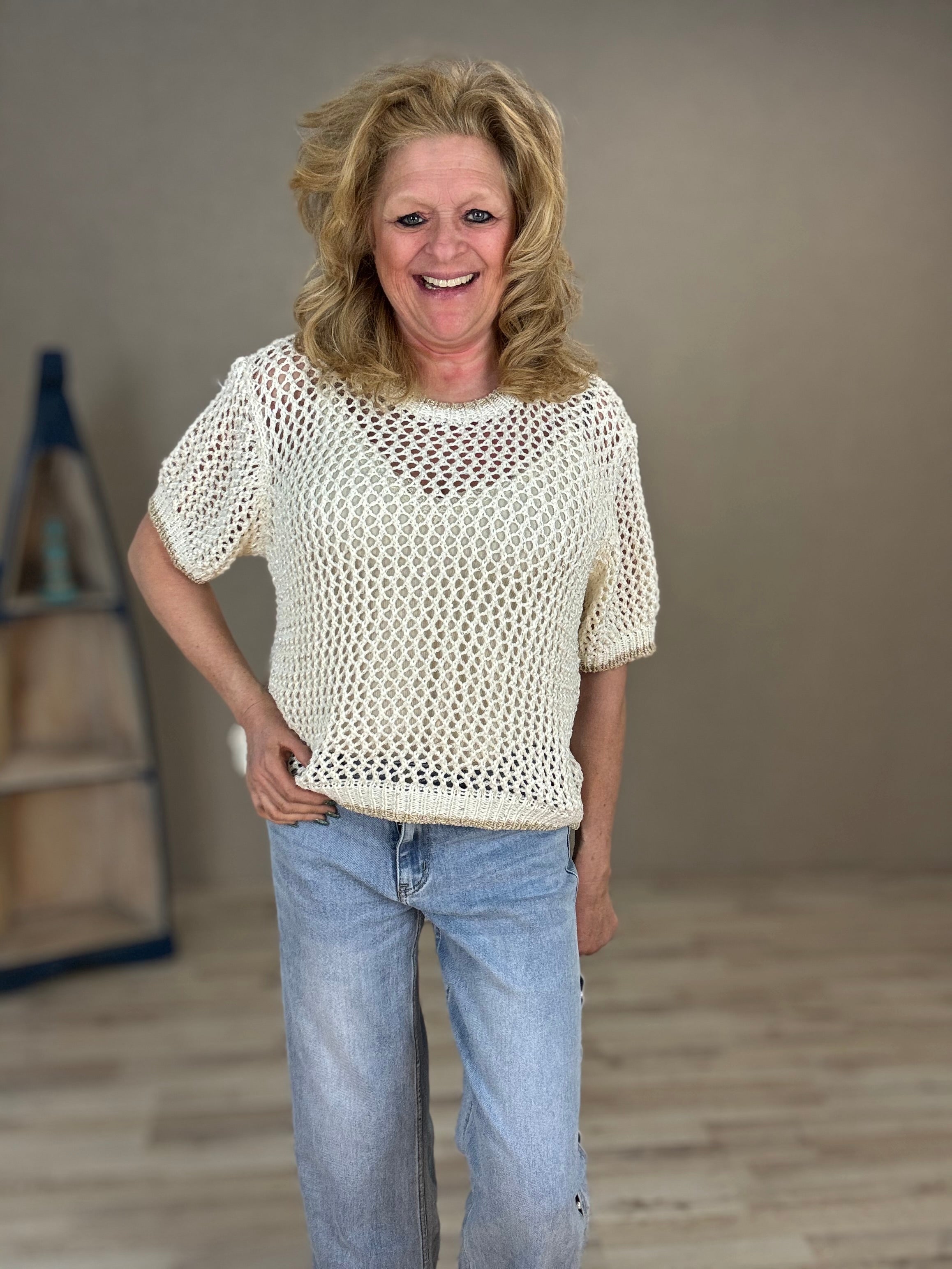 Beige gehaakt shirt met gouden bies van Gemma Ricceri