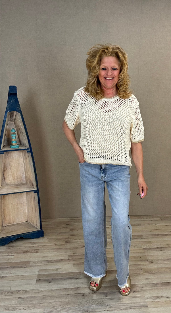 Beige gehaakt shirt met gouden bies van Gemma Ricceri