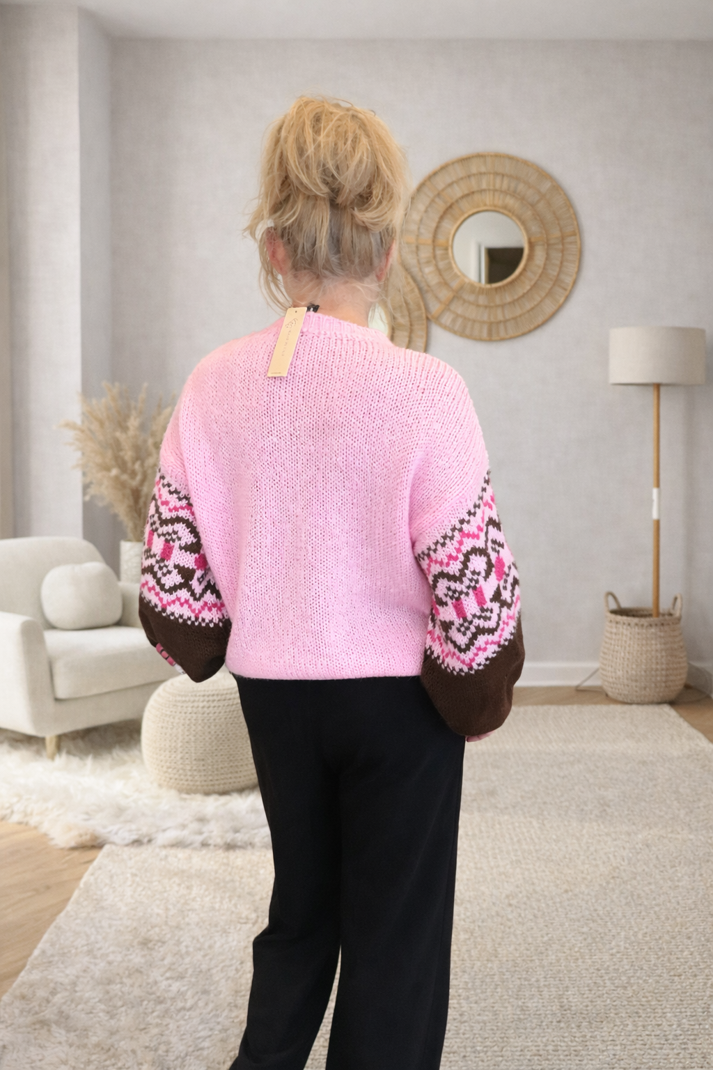 Gebreide trui jacquard print roze bruin