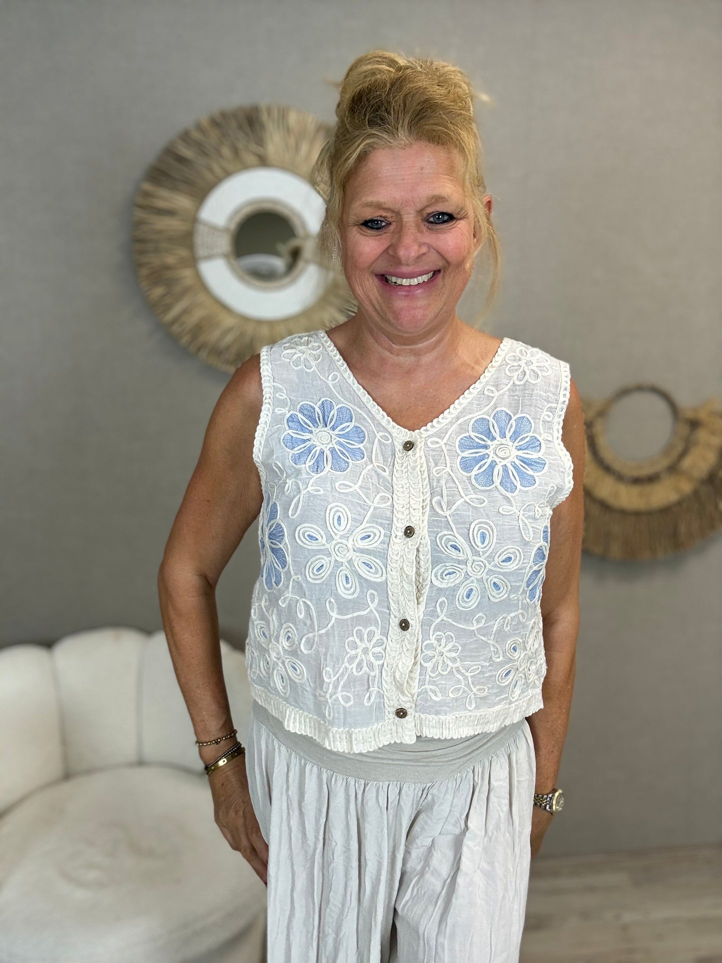Boho Bloemen Gilet Wit-Blauw