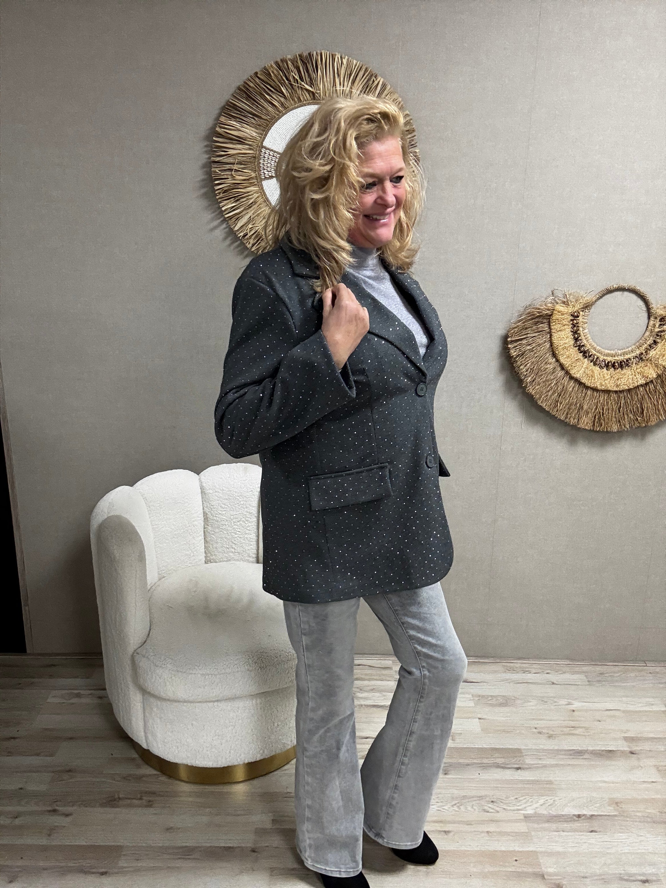 Blazer visgraat met strass grijs