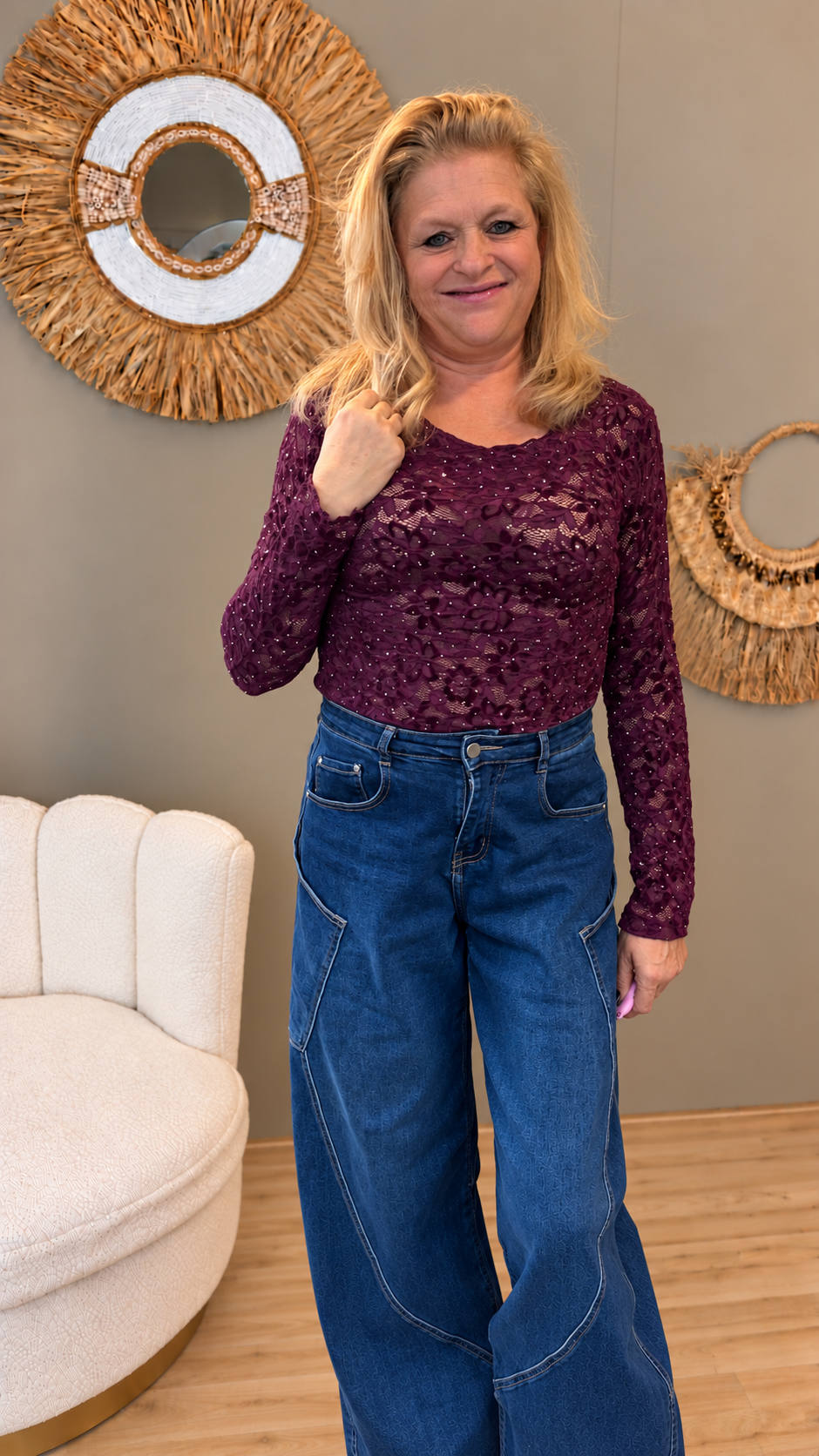 Kanten Top Lacey met Strass Aubergine/Bordeaux