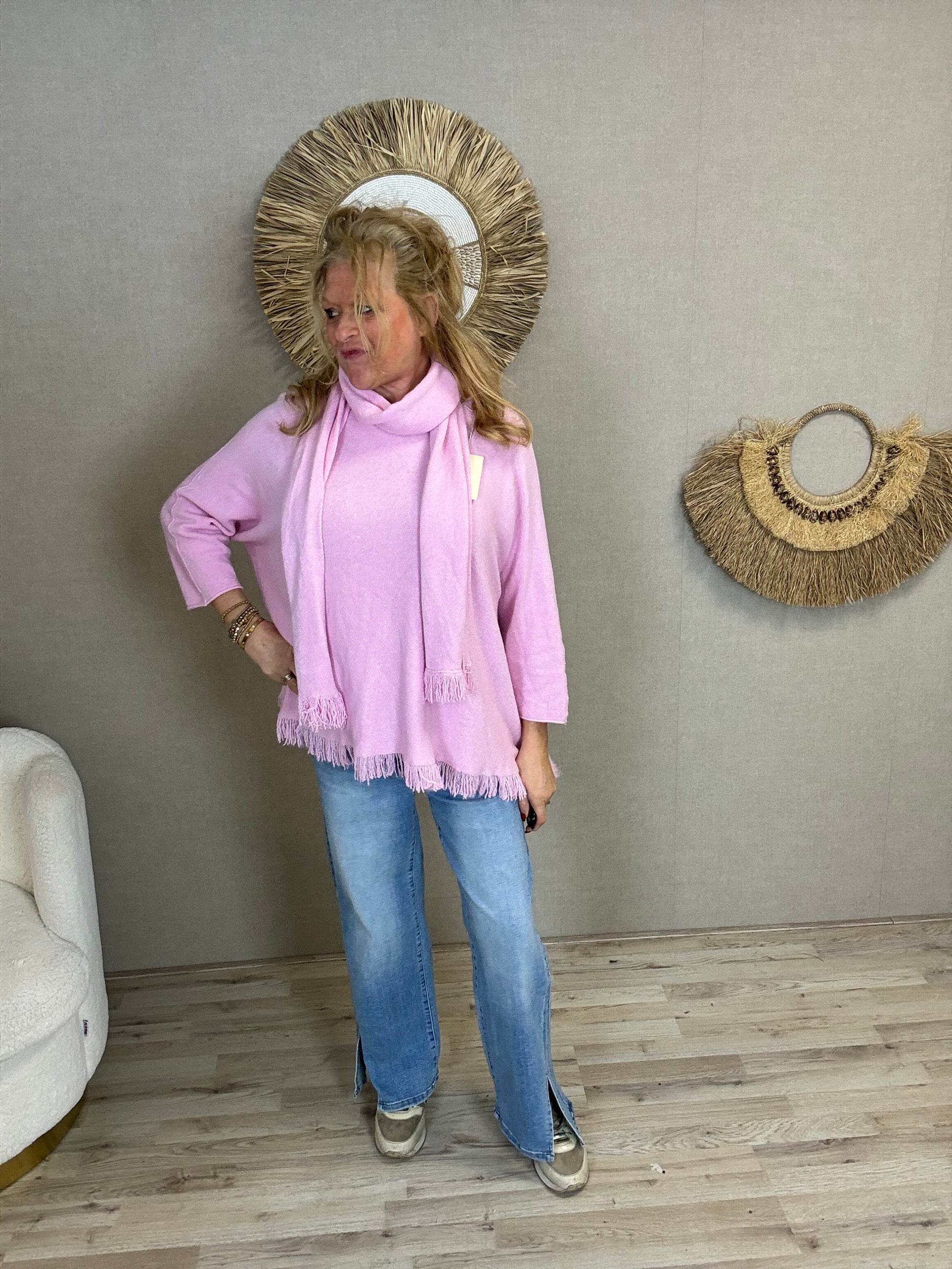 Trui Anouk met Sjaal licht roze - Nancfashion