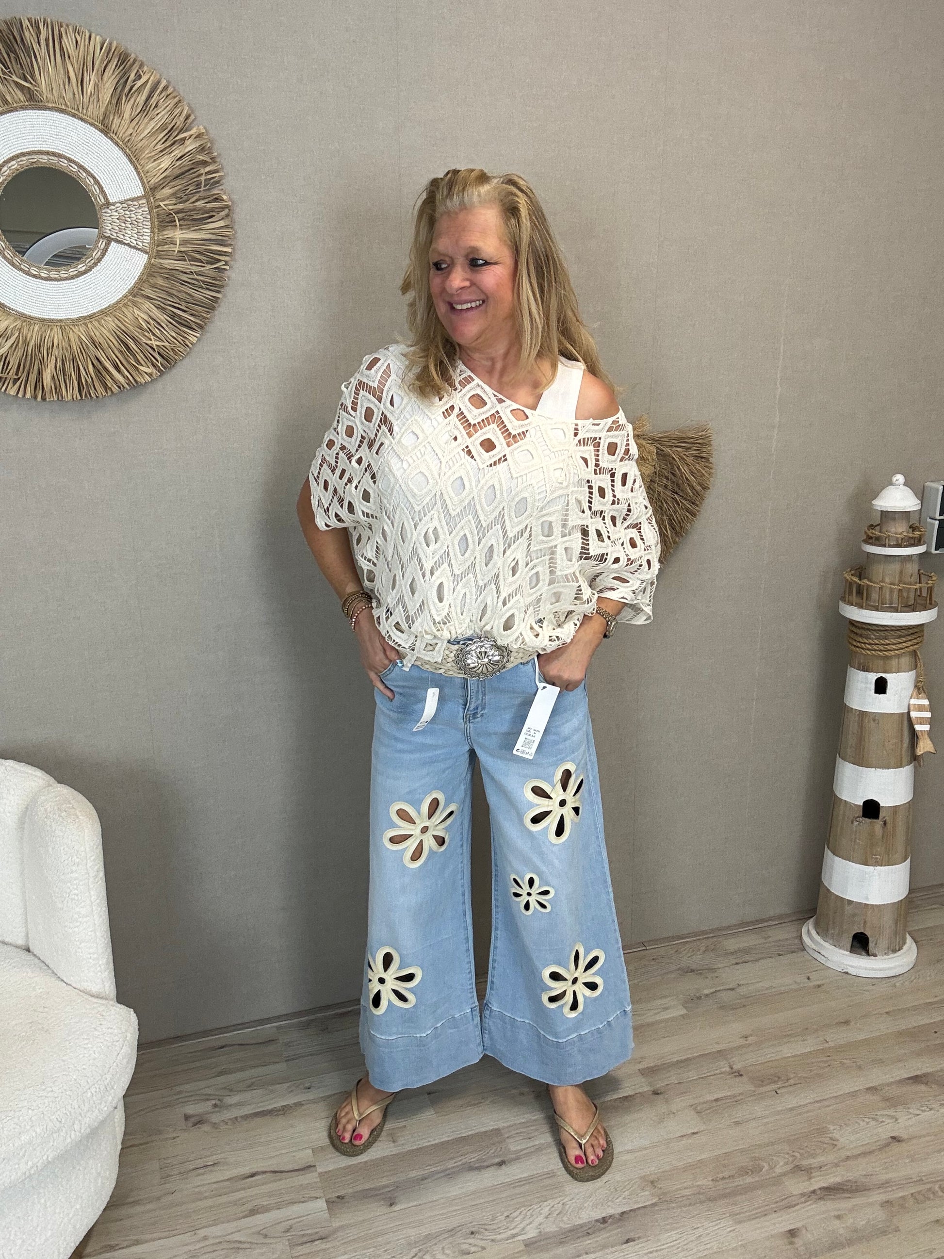 S.Woman Wide Leg 7/8 Jeans met open Bloemen - Nancfashion