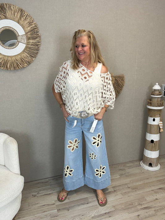 S.Woman Wide Leg 7/8 Jeans met open Bloemen - Nancfashion