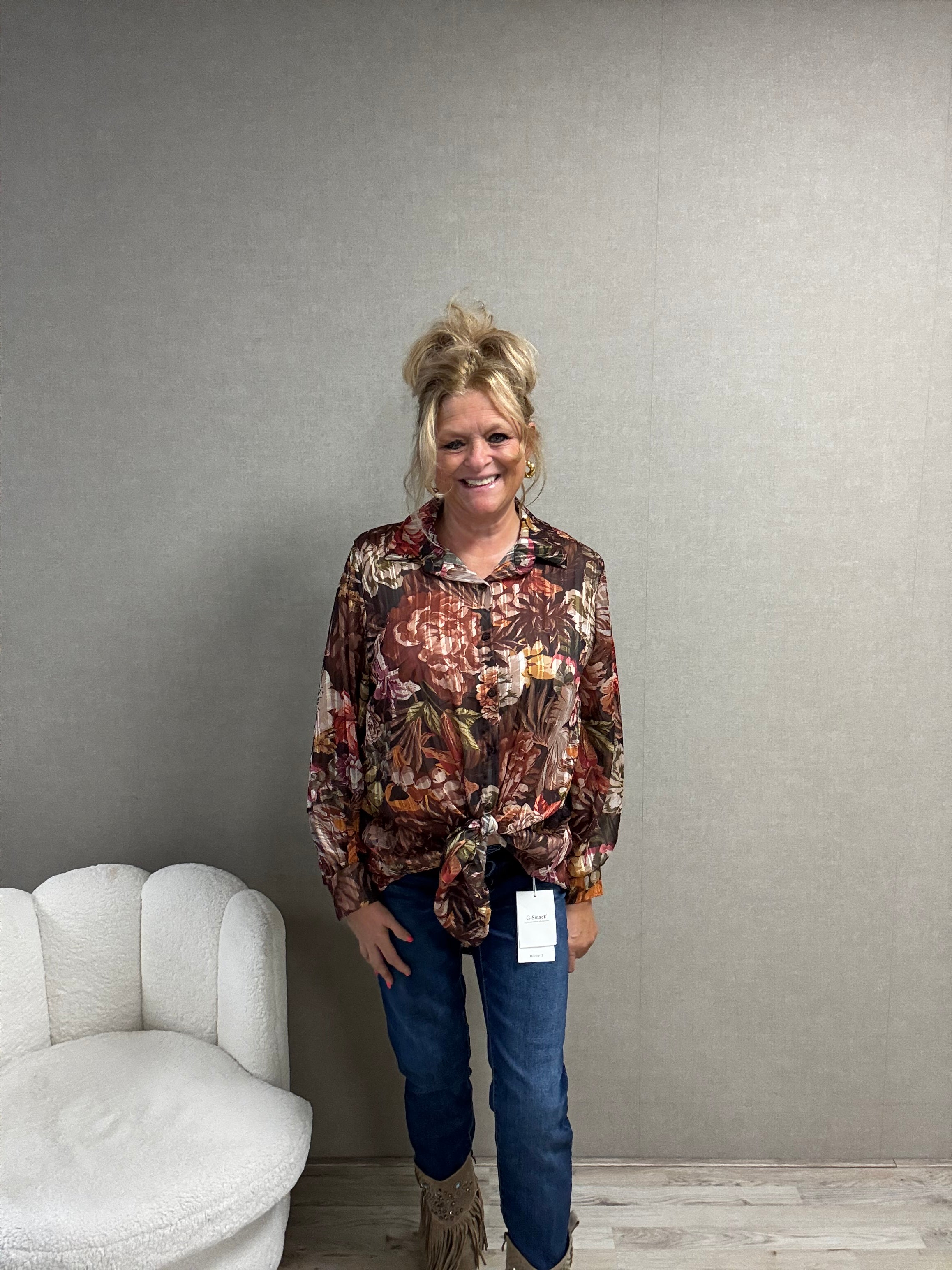 Print Blouse met Lurex draadje Bruin
