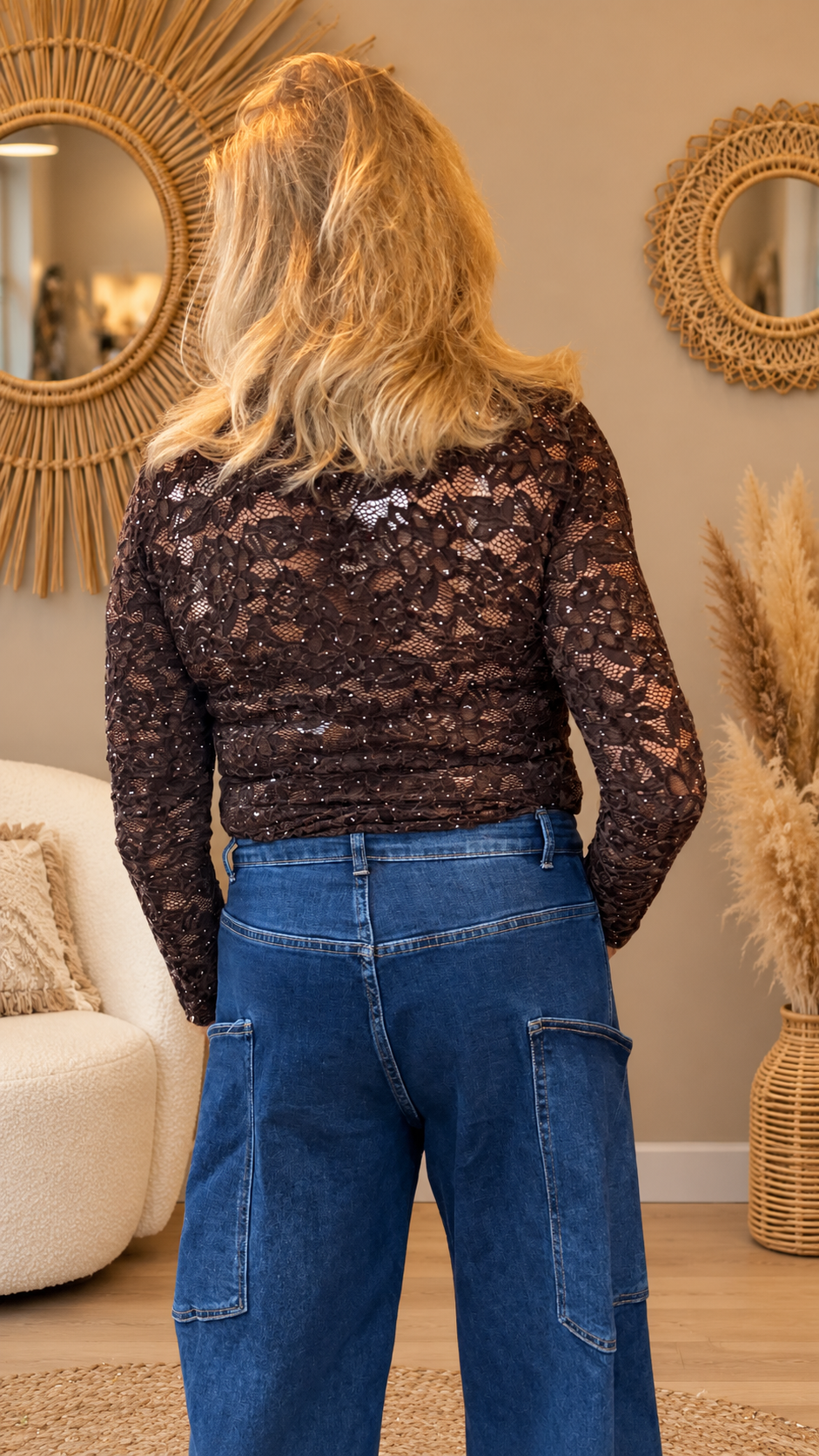 Kanten top Lacey met strass Bruin