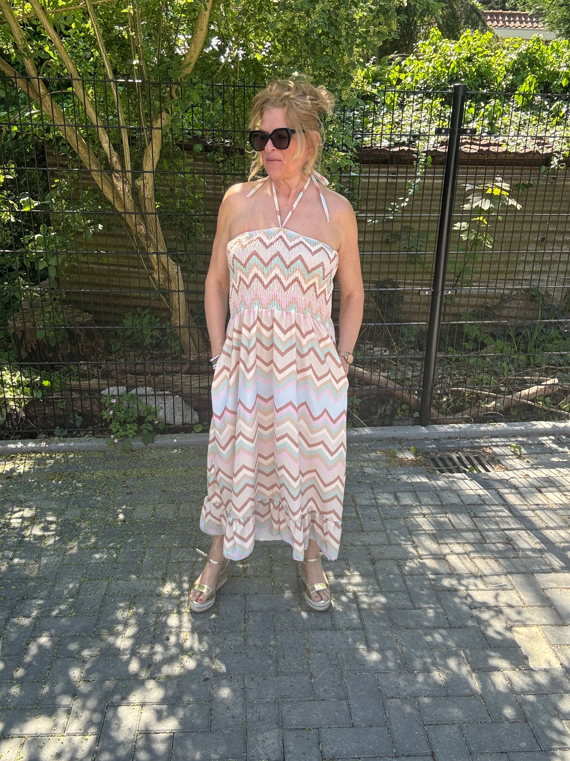 Strapless Jurk Zigzag Beige