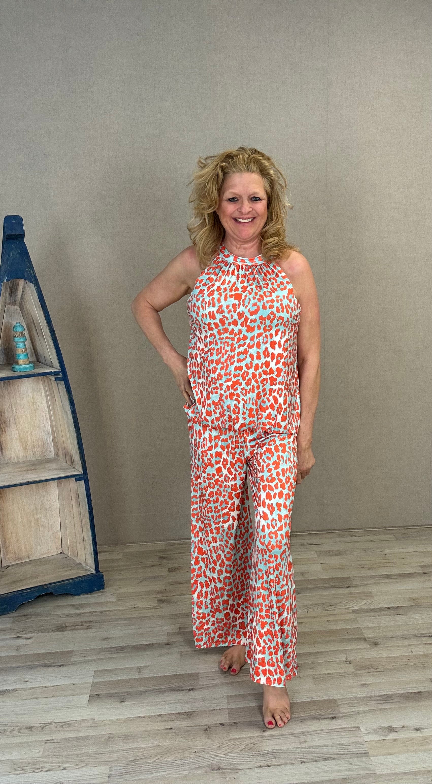 Haltertop met Broek Panter Oranje/Tuqoiuse
