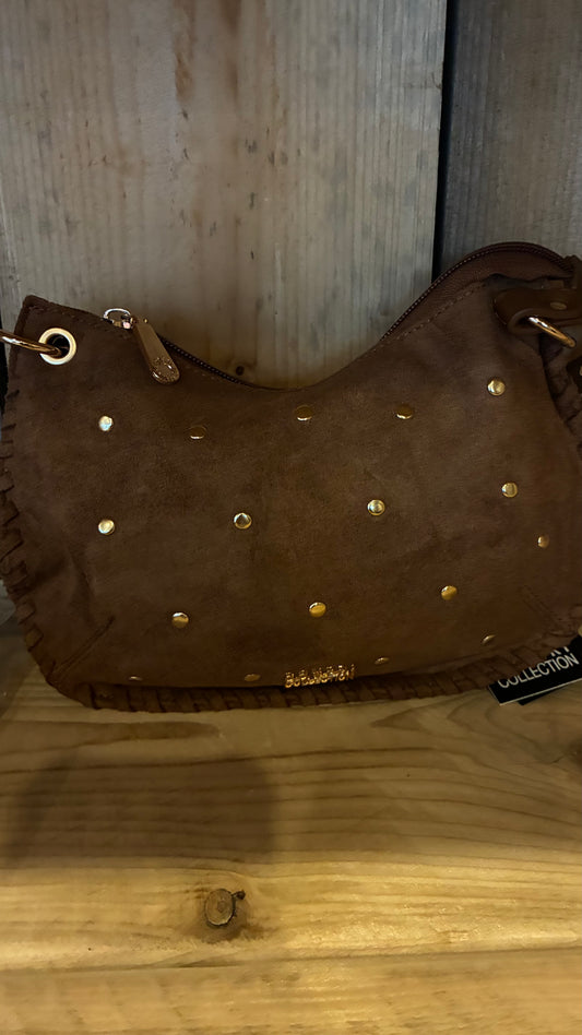 Suedine schoudertas met goudkleurige studs (drie kleuren)