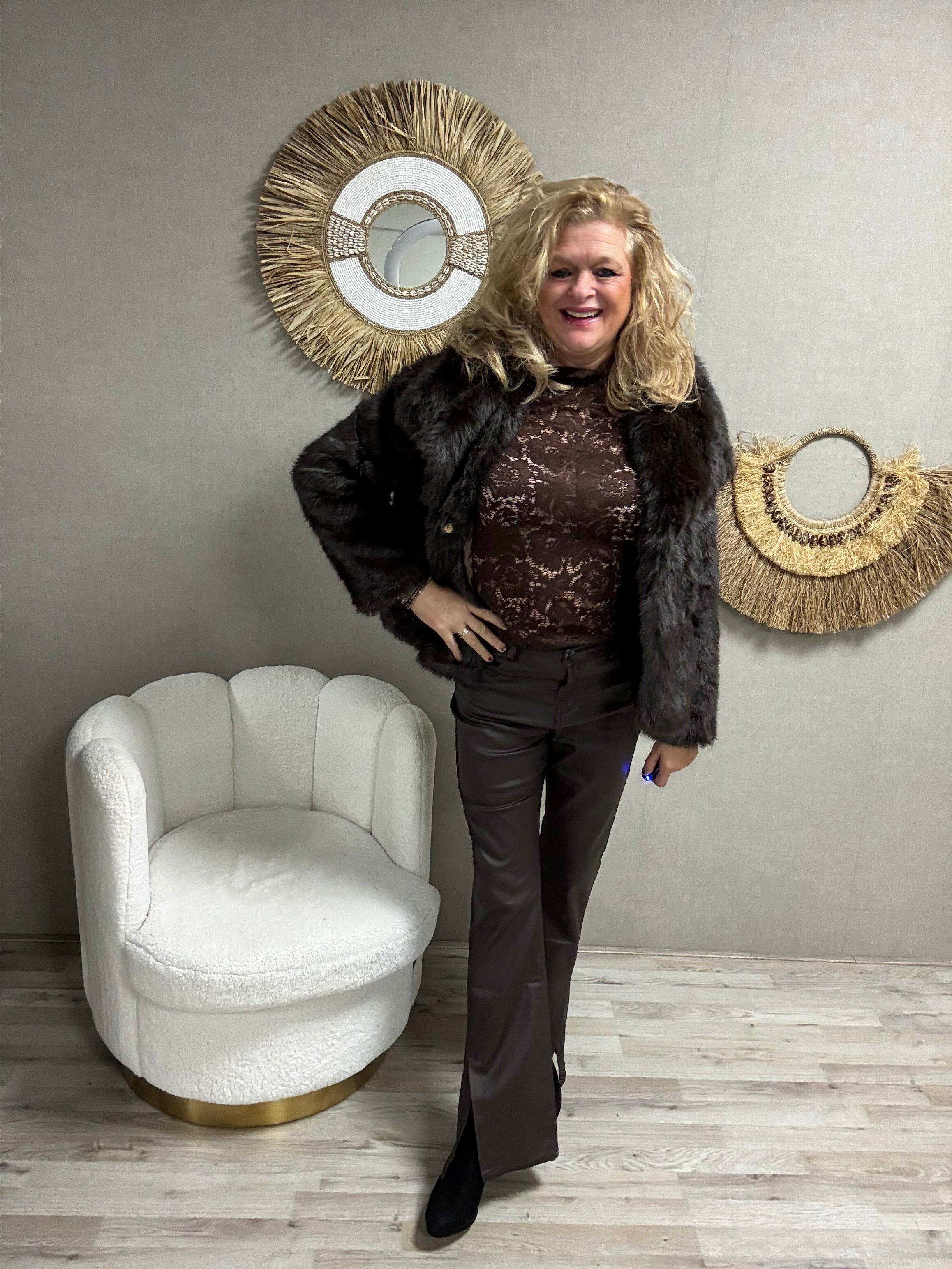 Kort fake fur jasje Donkerbruin