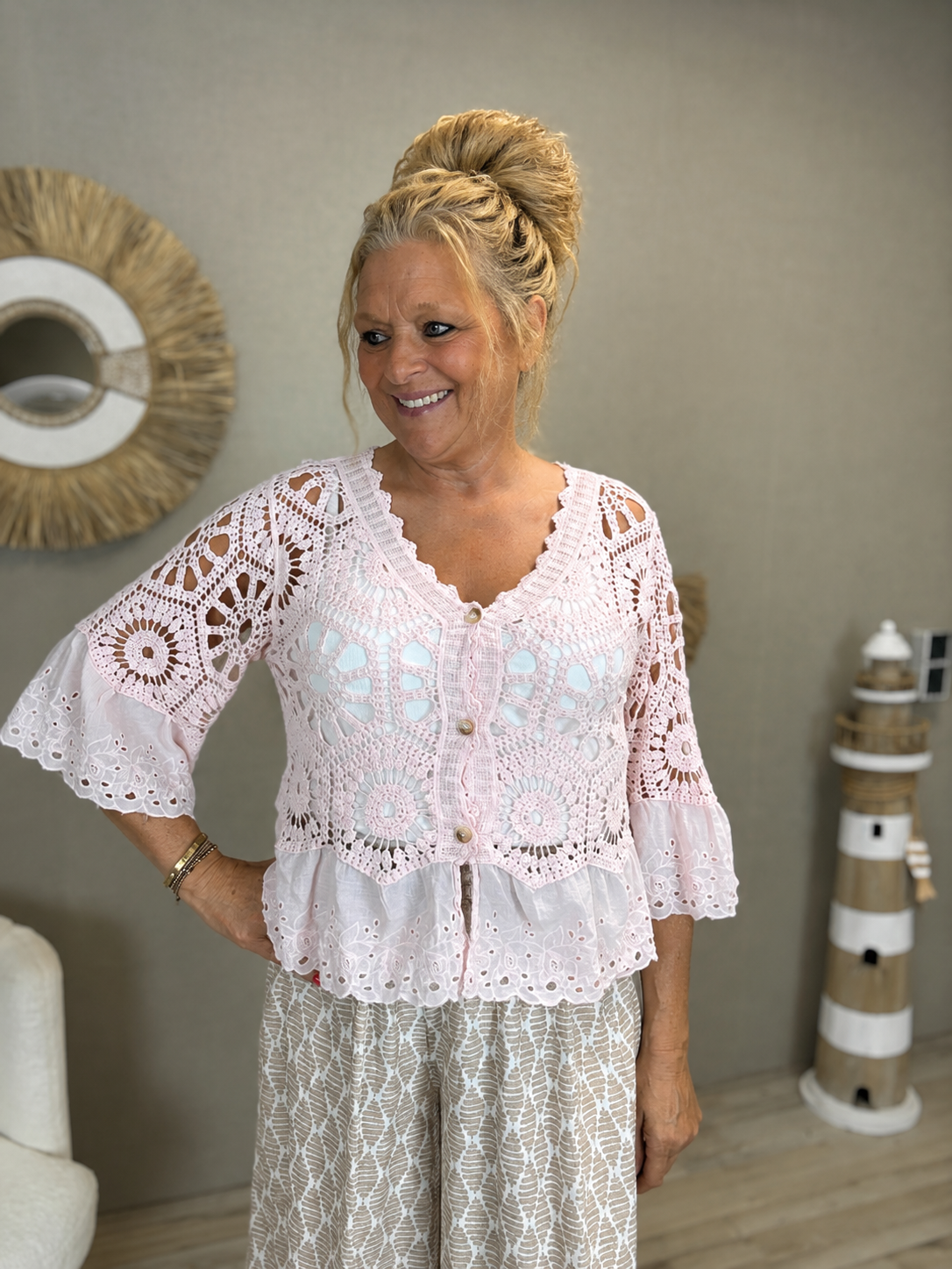 Gehaakt Vestje met Broderie Details Roze