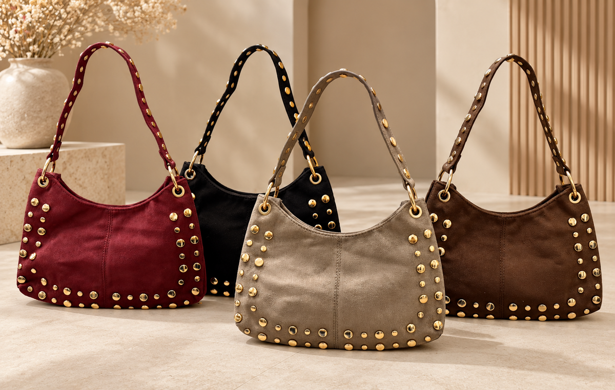 Suedine schoudertas met goudkleurige studs (vier kleuren )