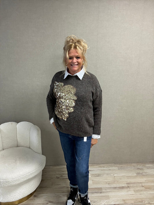 Trui met Pailletten Flower – Donkergrijs