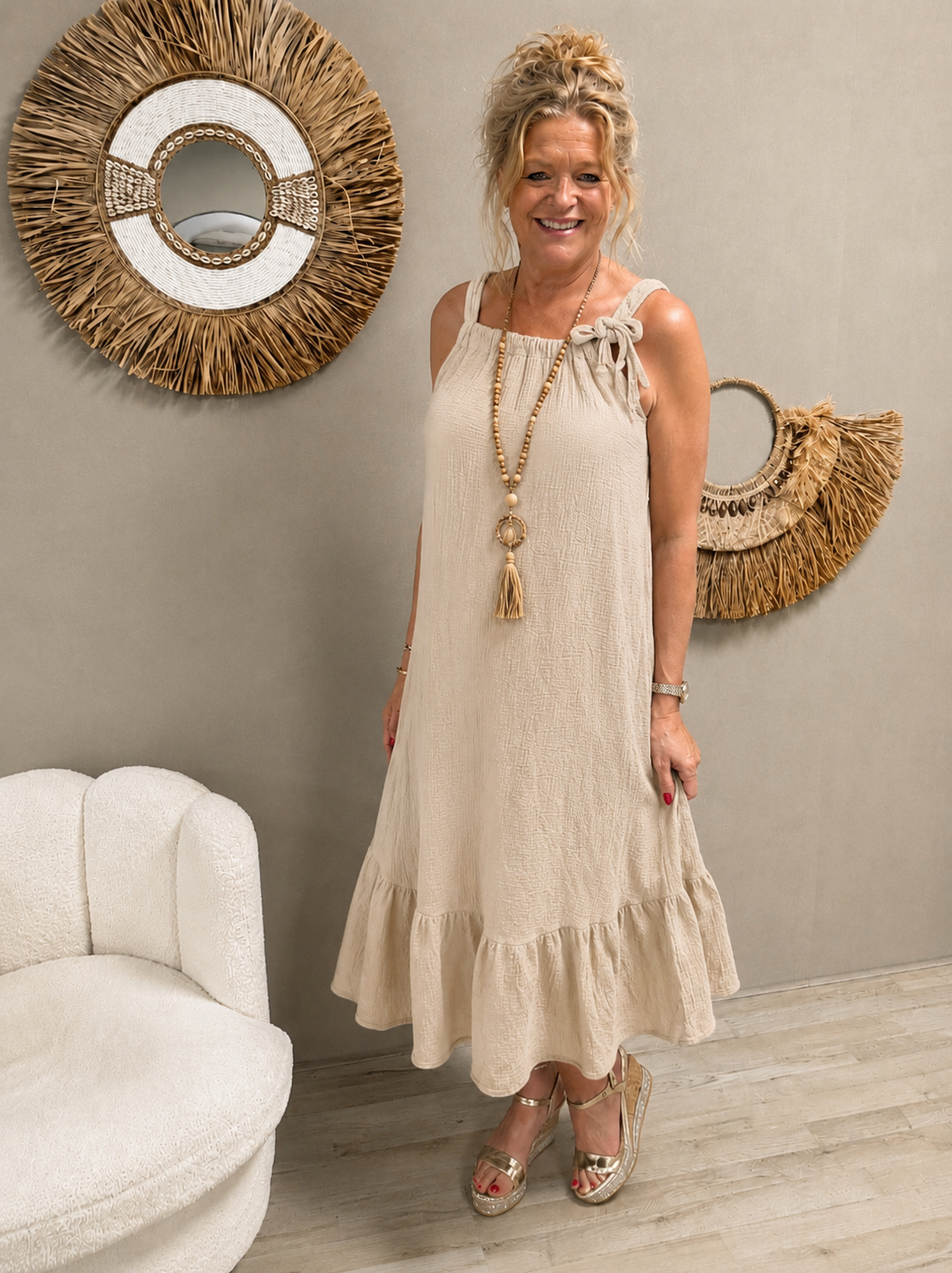 Jurk Sandy wafelstof Beige