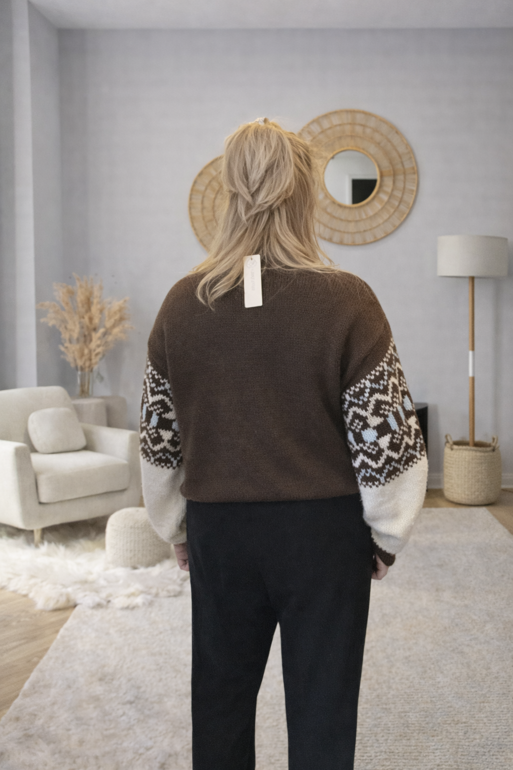 Gebreide trui jacquard print bruin blauw