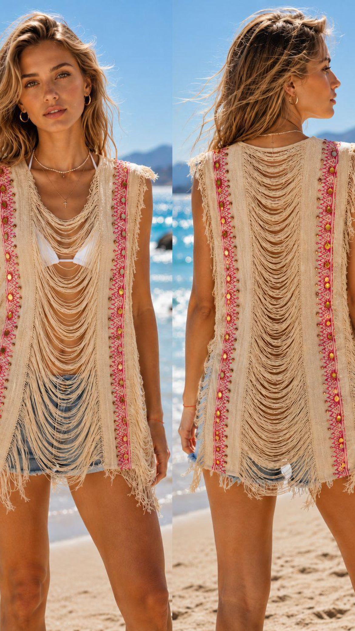 Boho Fringe Kimono – Beige/Roze
