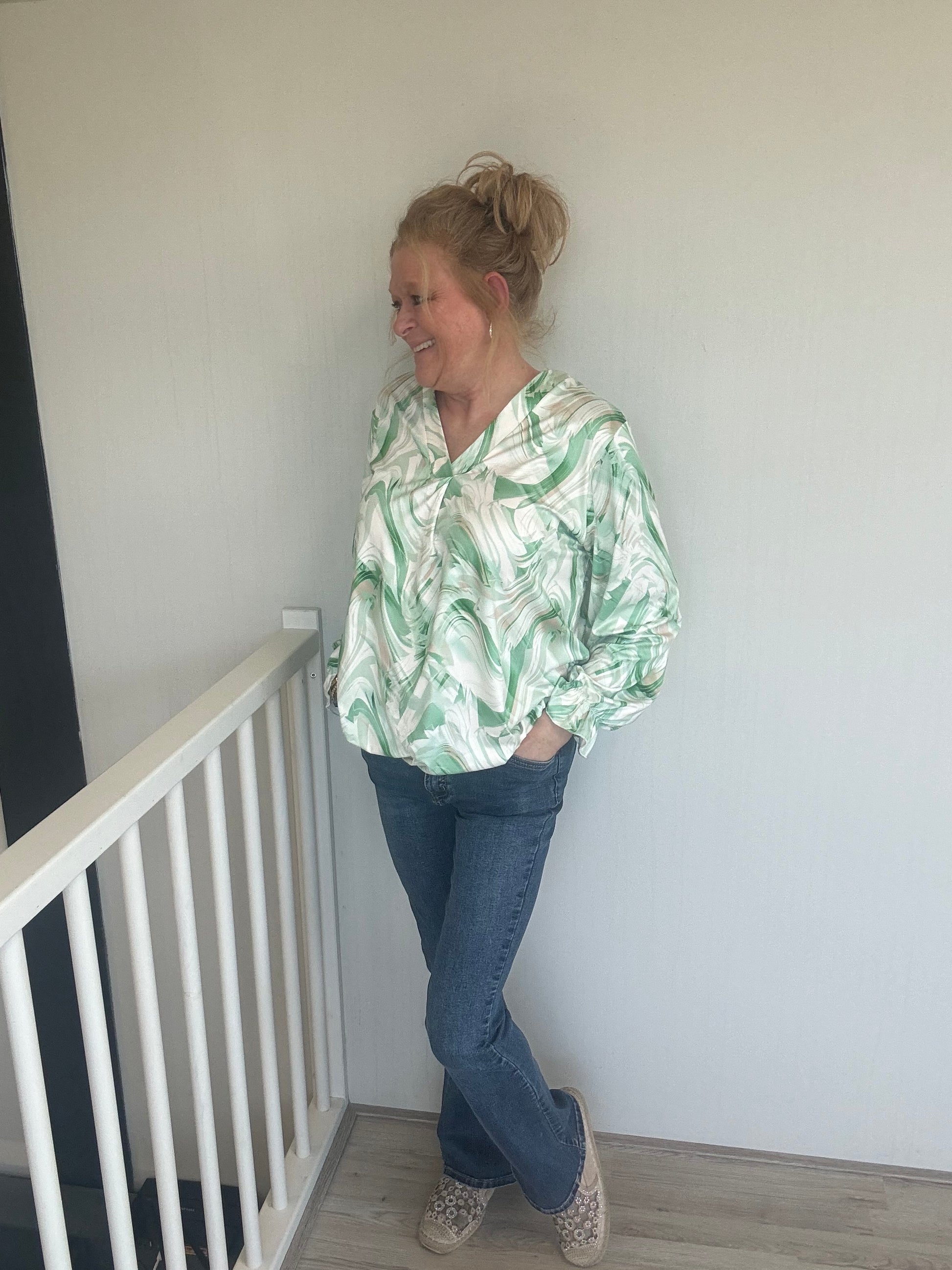 Ballon Top Print Groen - Nancfashion