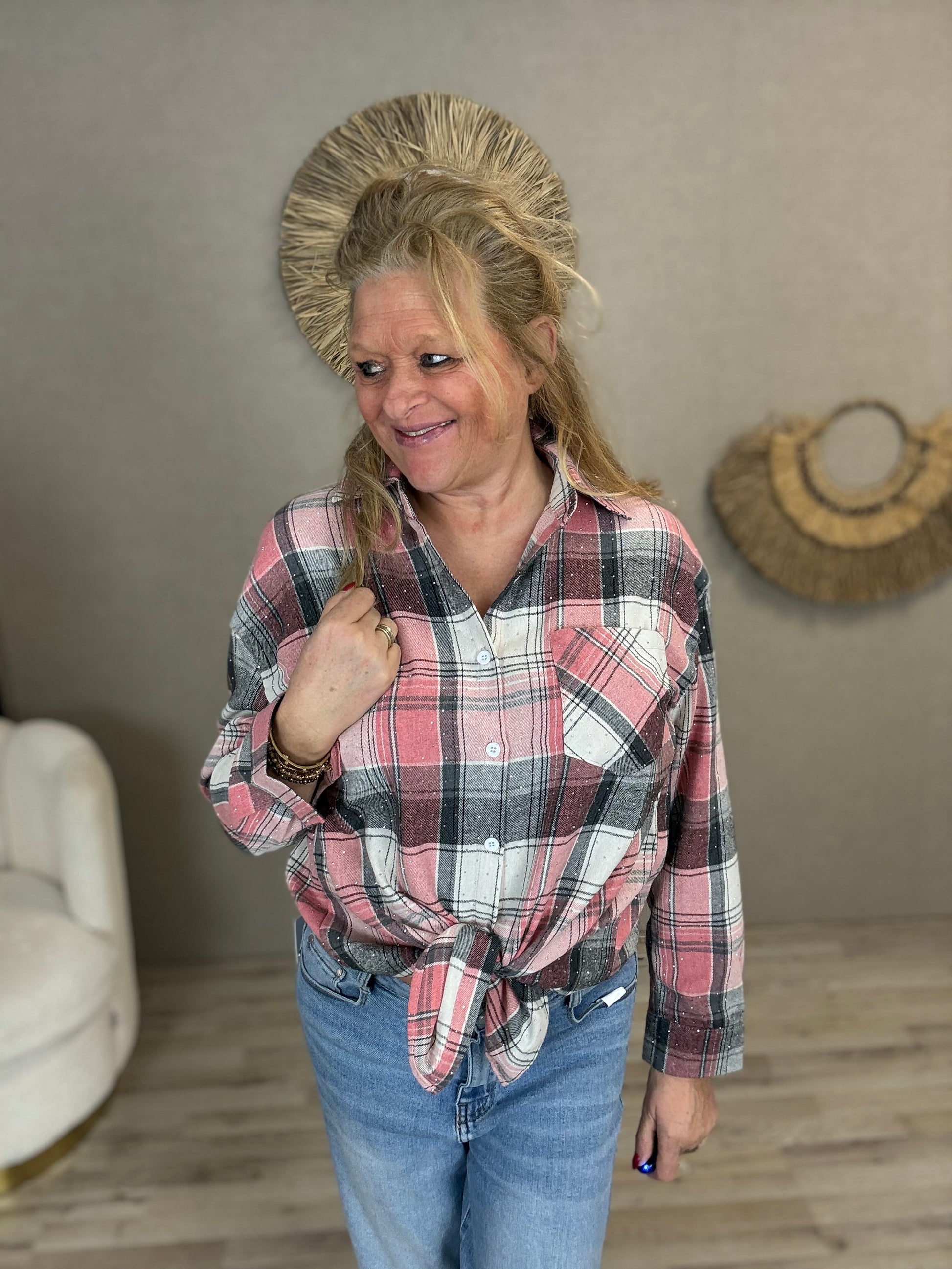 Blouse Ruit met strass roze/grijs - Nancfashion