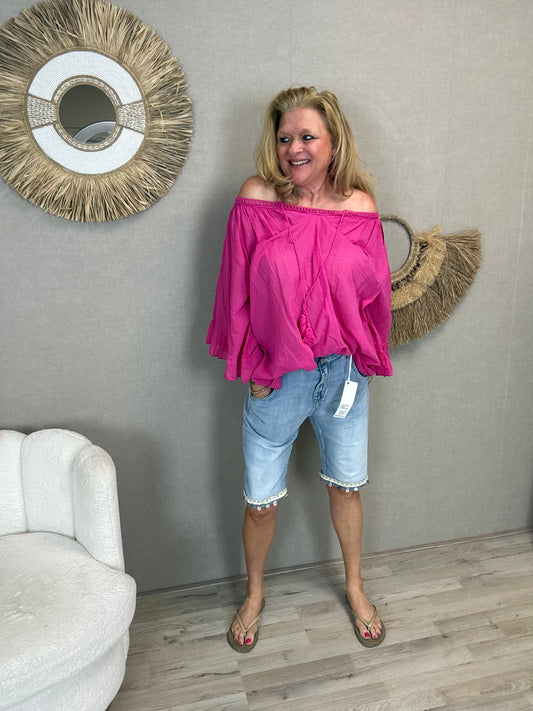 Blouse Kitty met Ruffle mouwtjes Fuchsia - Nancfashion