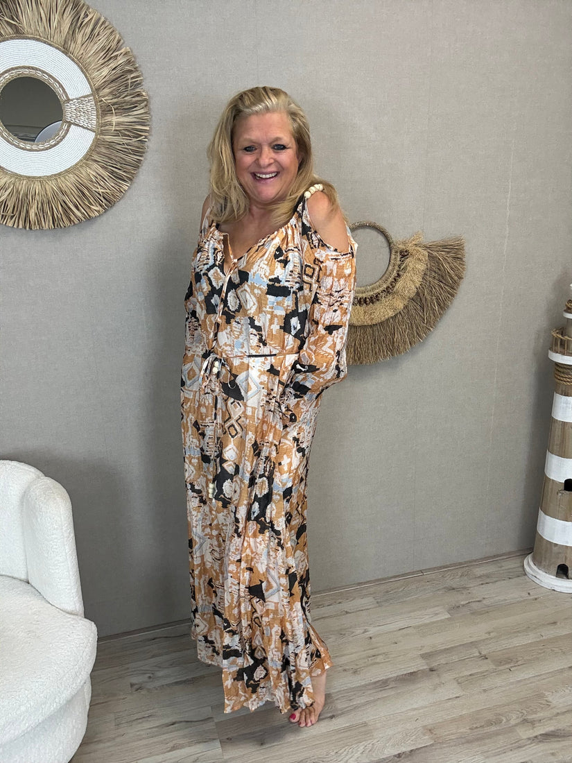 Maxi Jurk Boho Chic Camel Print - Nancfashion