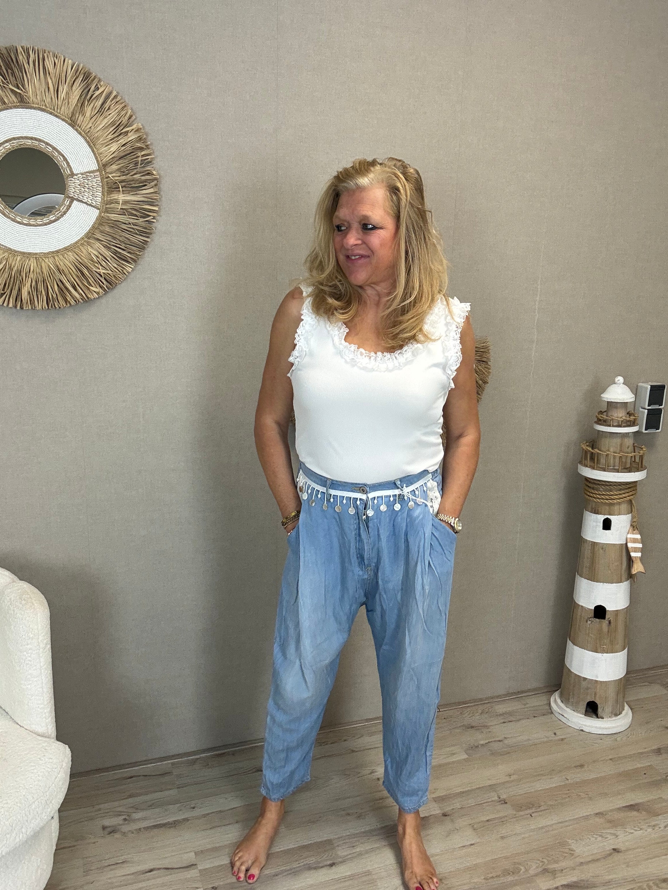 S.Woman Tencel Broek Lichtblauw Muntjes/shelpjes - Nancfashion