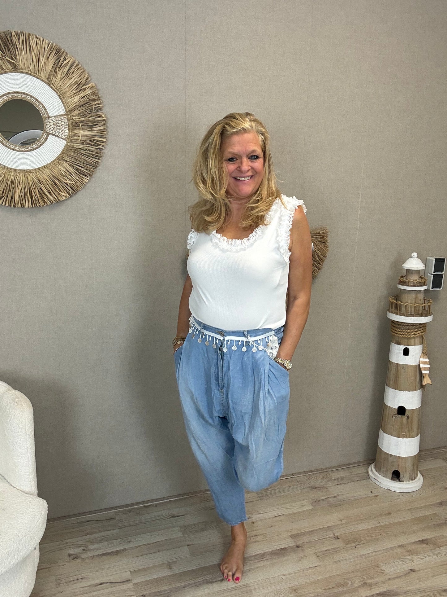 S.Woman Tencel Broek Lichtblauw Muntjes/shelpjes - Nancfashion