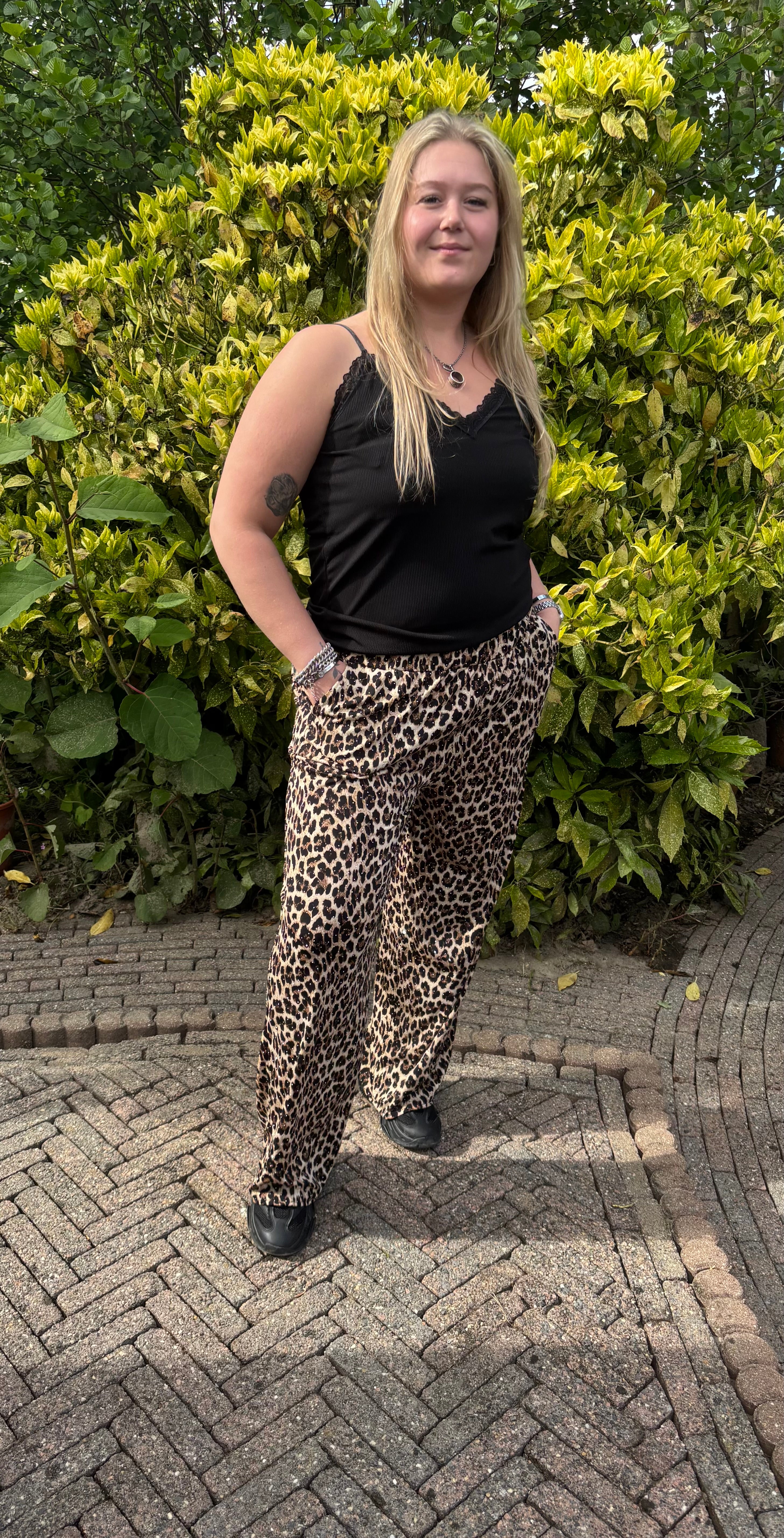 Wide Leg Leopard Broek met strass