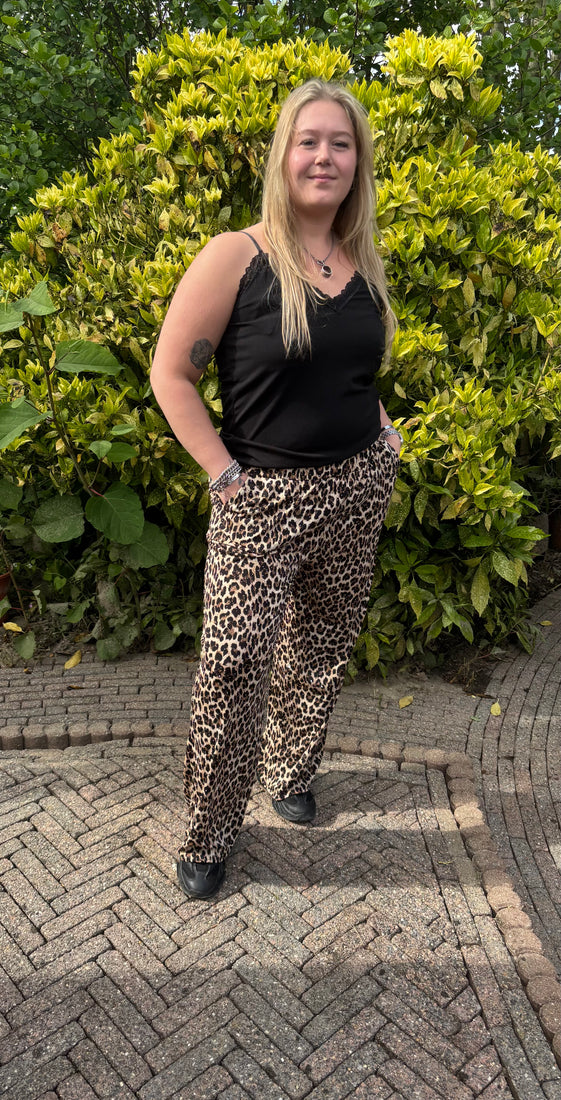 Wide Leg Leopard Broek met strass