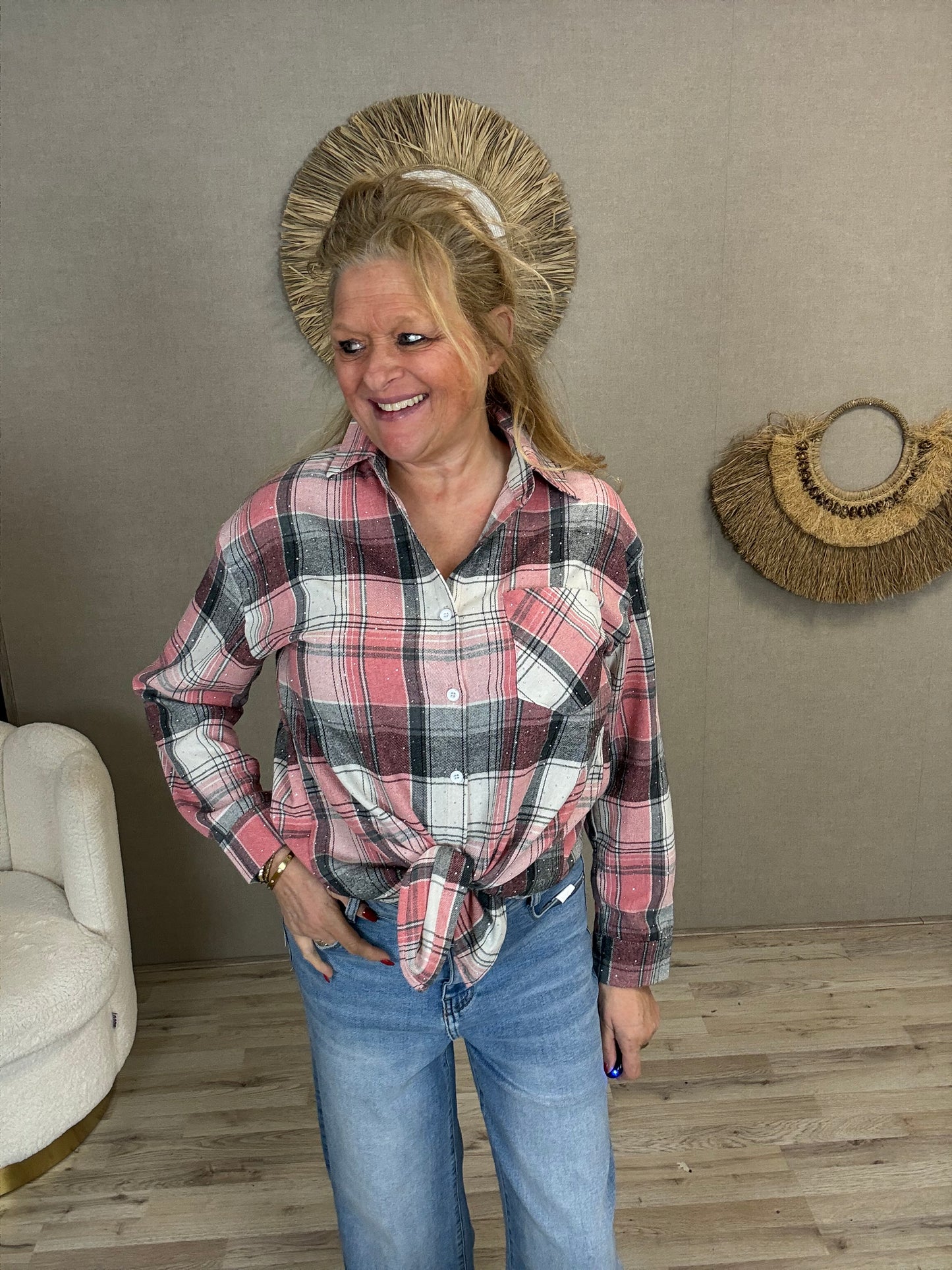 Blouse Ruit met strass roze/grijs - Nancfashion