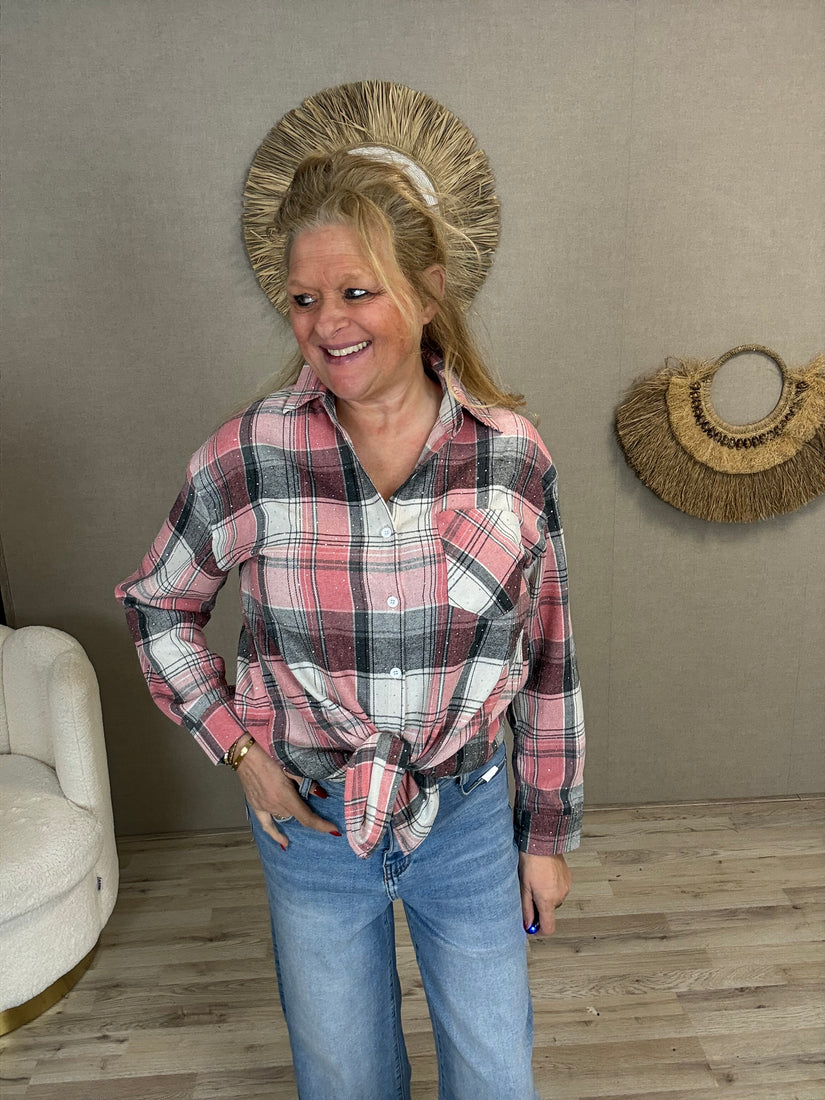 Blouse Ruit met strass roze/grijs - Nancfashion