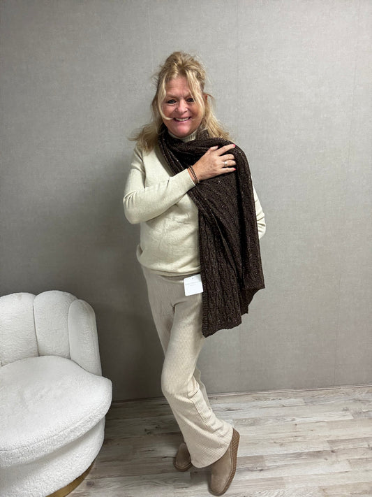 Gebreide Omslagdoek/Sjaal Bruin met lurex glitter