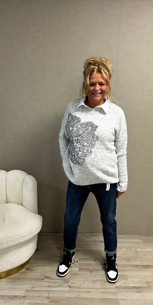 Trui met Pailletten Flower – Grijs