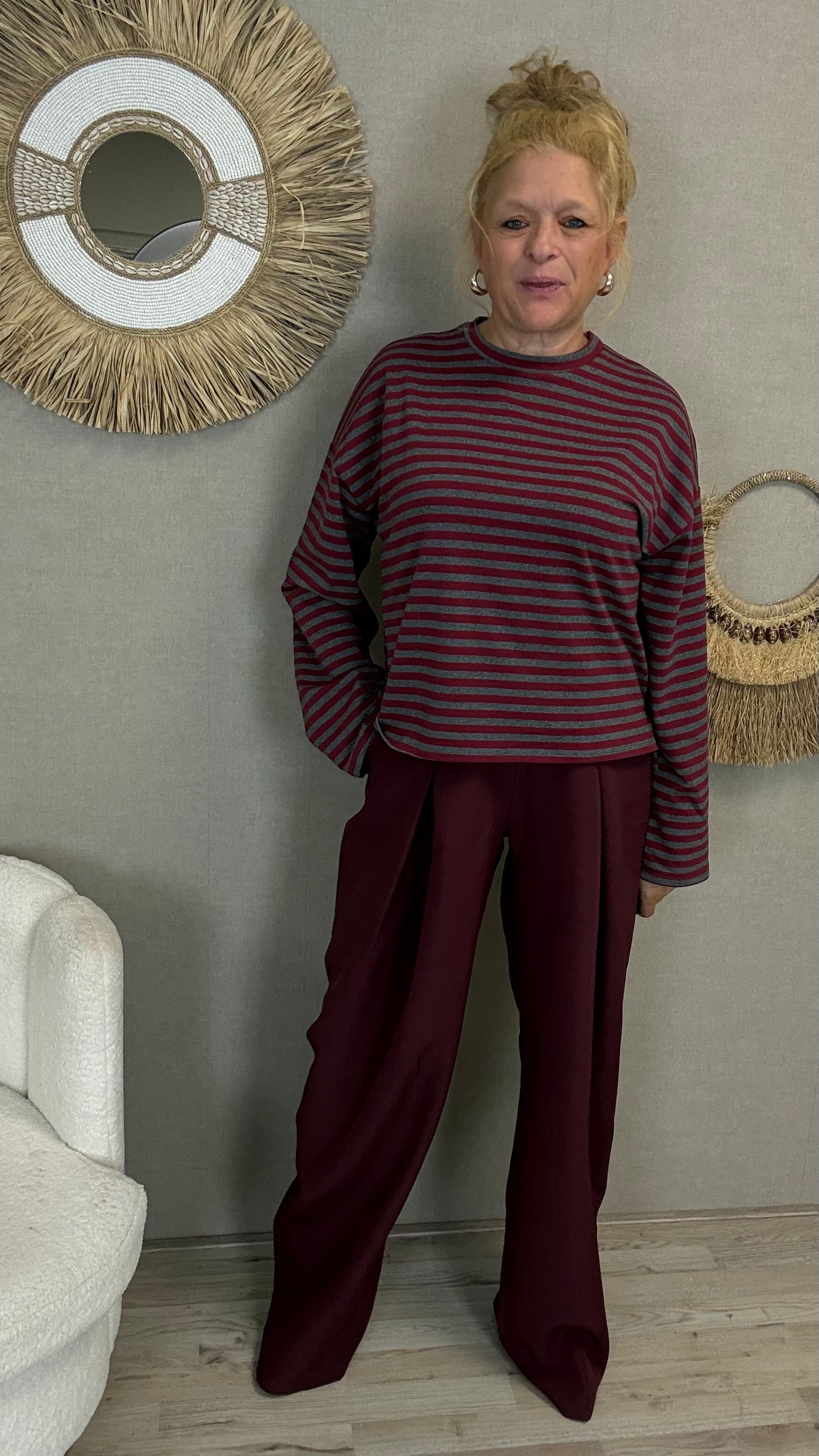 Gestreepte Longsleeve Bordeaux/Grijs
