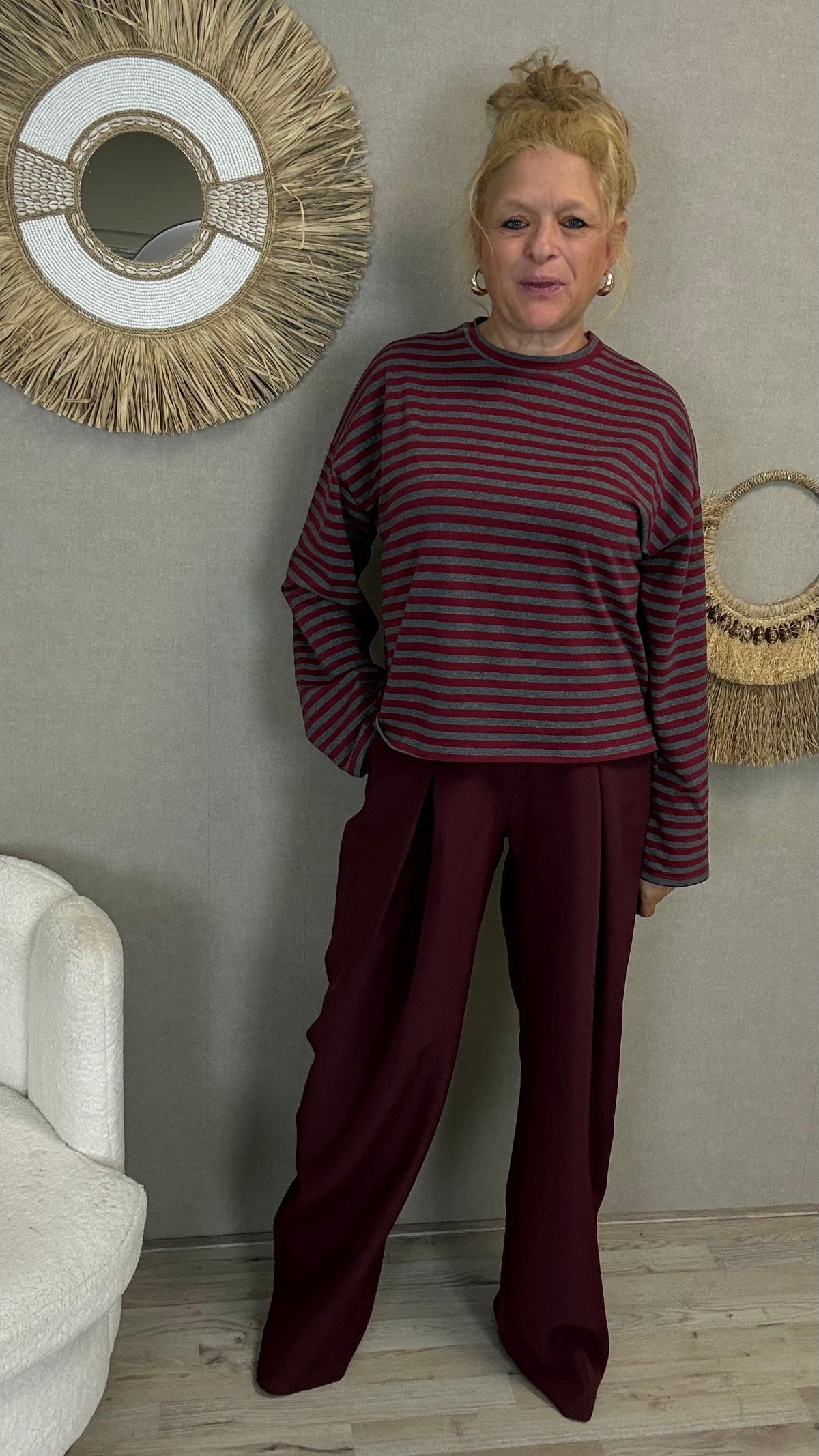 Gestreepte Longsleeve Bordeaux/Grijs