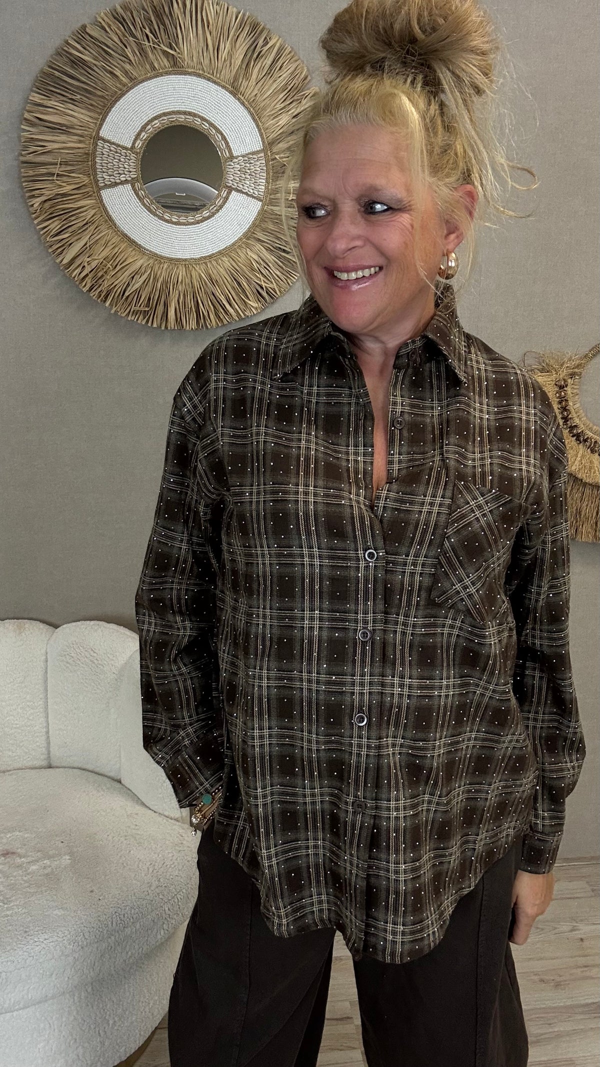 Sparkle Ruitblouse Bruin