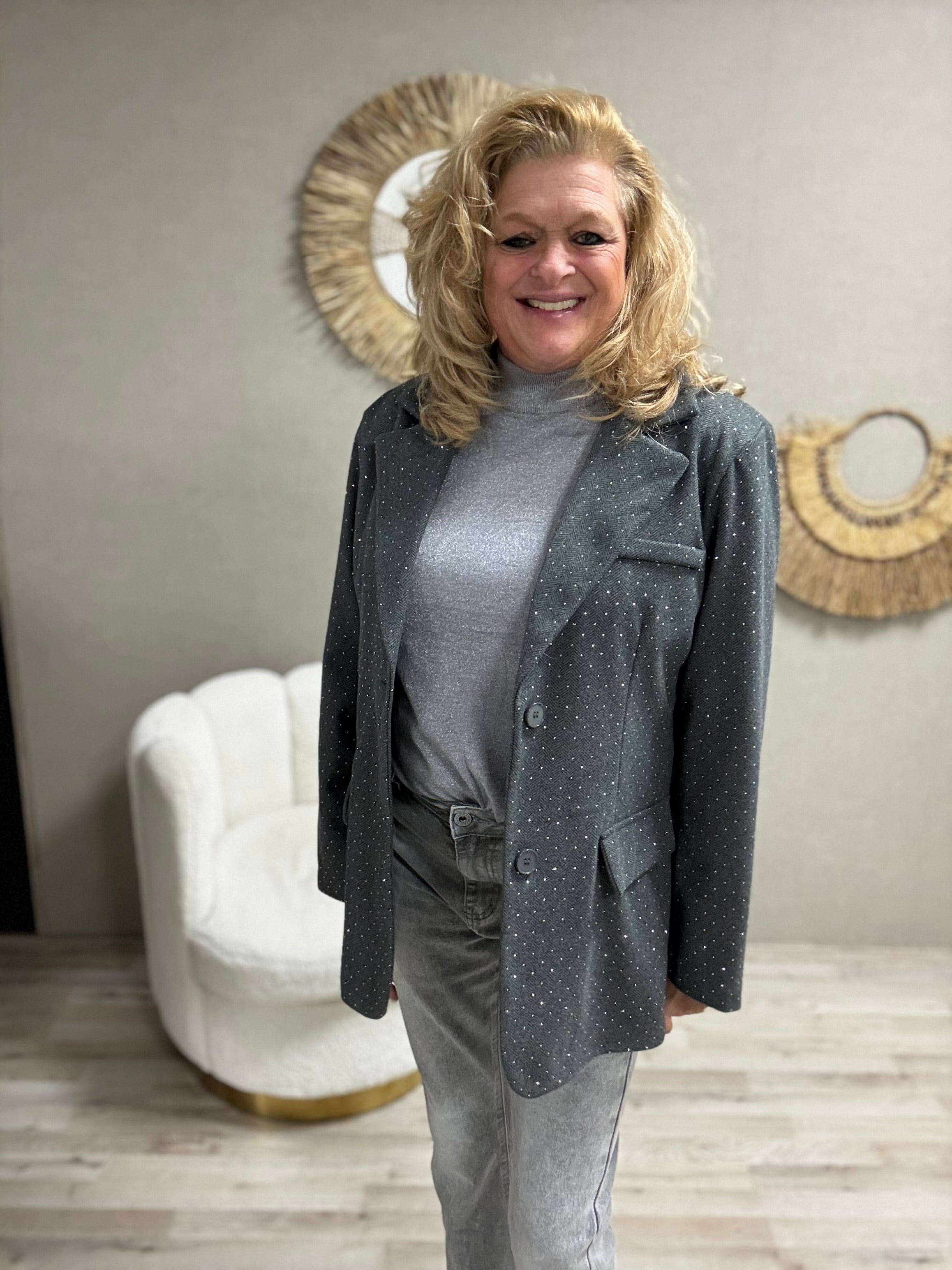 Blazer visgraat met strass grijs