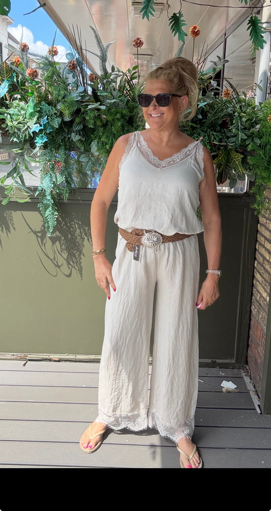 Linnen 2-delige Set met Kant Beige - Nancfashion